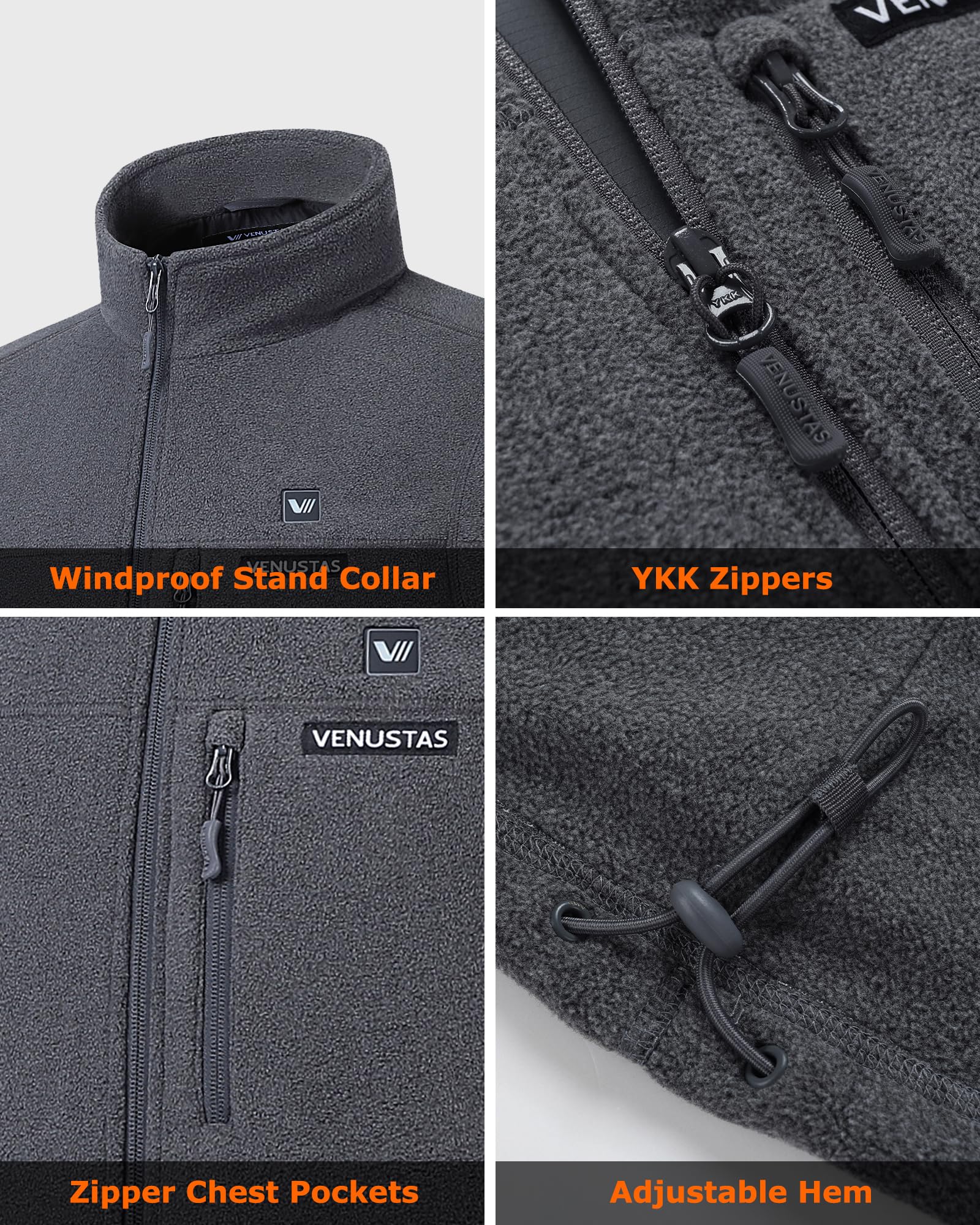 Venustas Men's Heated Fleece Vest with 6 Heating Zones - Lightweight Recycled Electric Winter Vest for Outdoor Activities, Hiking & Work