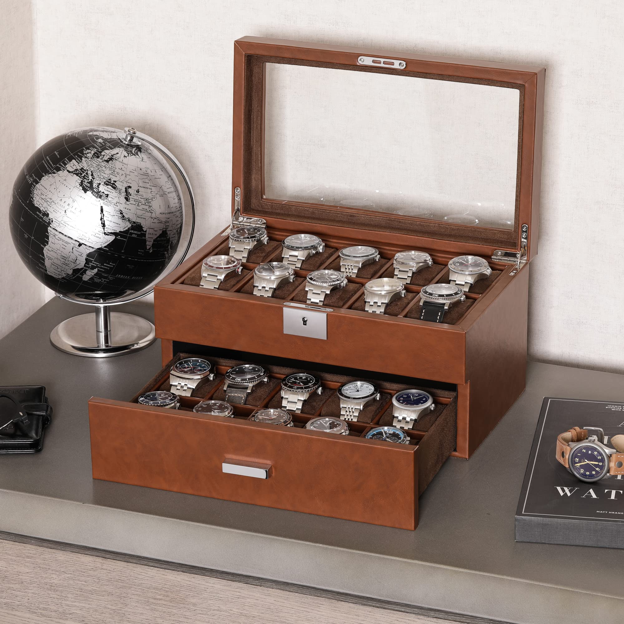 Premium ROTHWELL 20-Slot Leather Watch Box - Luxury Jewelry Organizer with Locking Glass Top Display Case - Watch Storage for Men & Women (Tan/Brown) - Perfect for Home, Office & Travel Watch Collection Display