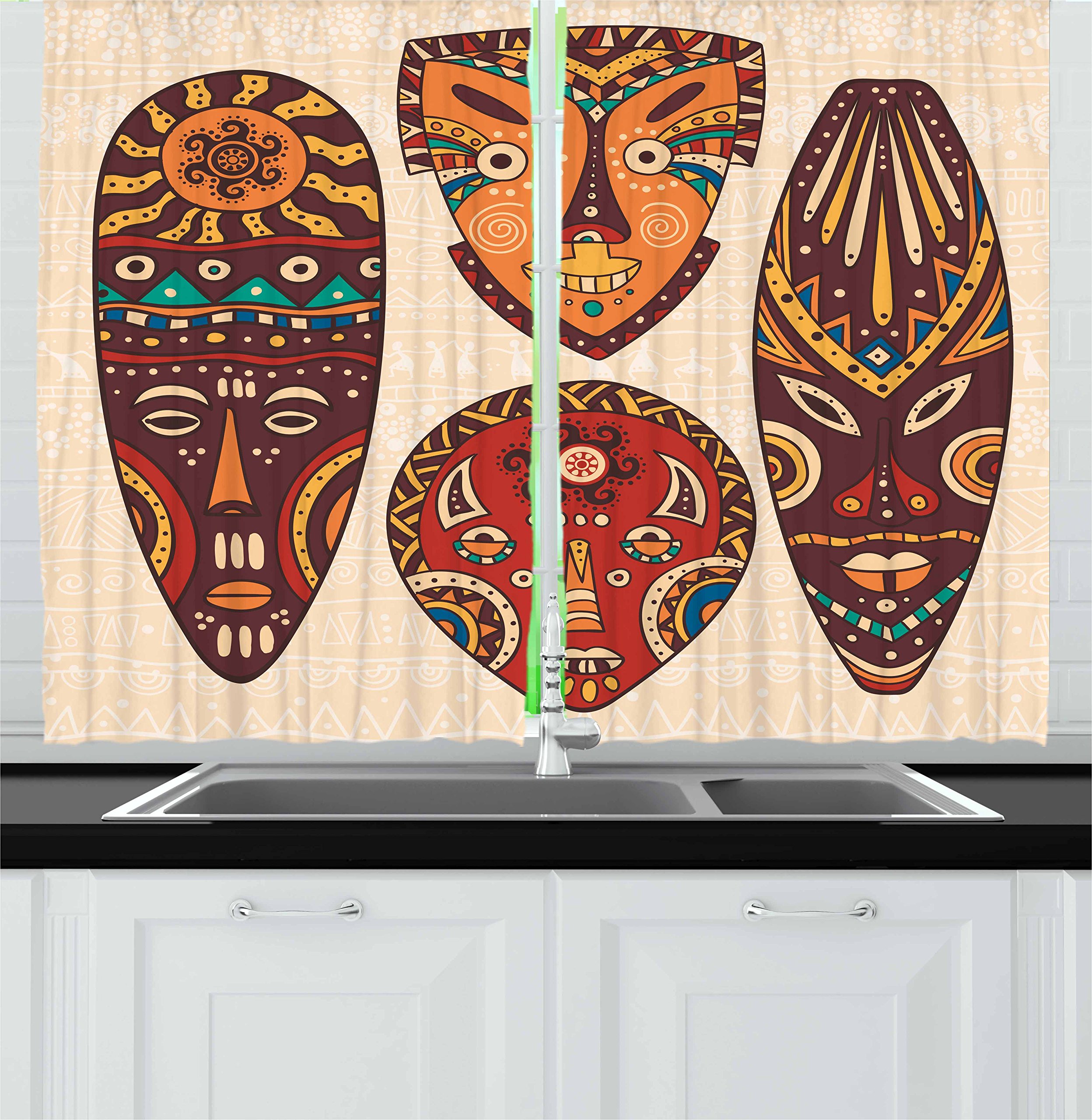 Ambesonne Tribal Kitchen Curtains Set of 2 - Folkloric Indigenous Art Print Window Drapes for Kitchen & Cafe Decor, 55