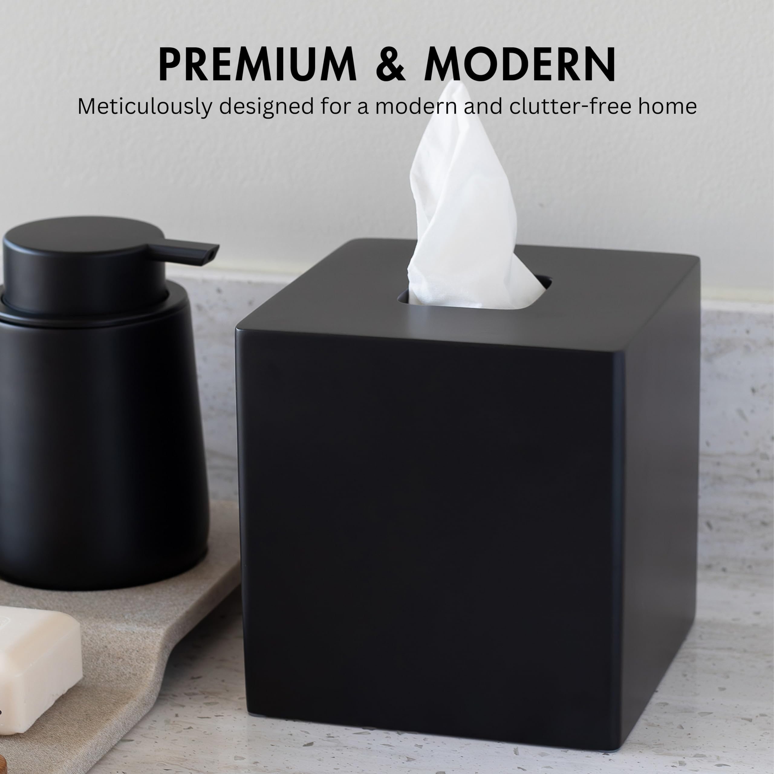 Matte Black Square Tissue Box Cover - Stylish Decorative Tissue Box Holder for Bathroom, Living Room, Office & Bedroom | Perfect for Vanity Countertops, Nightstands, Cars & Desks | Home & Office Decor Accessory