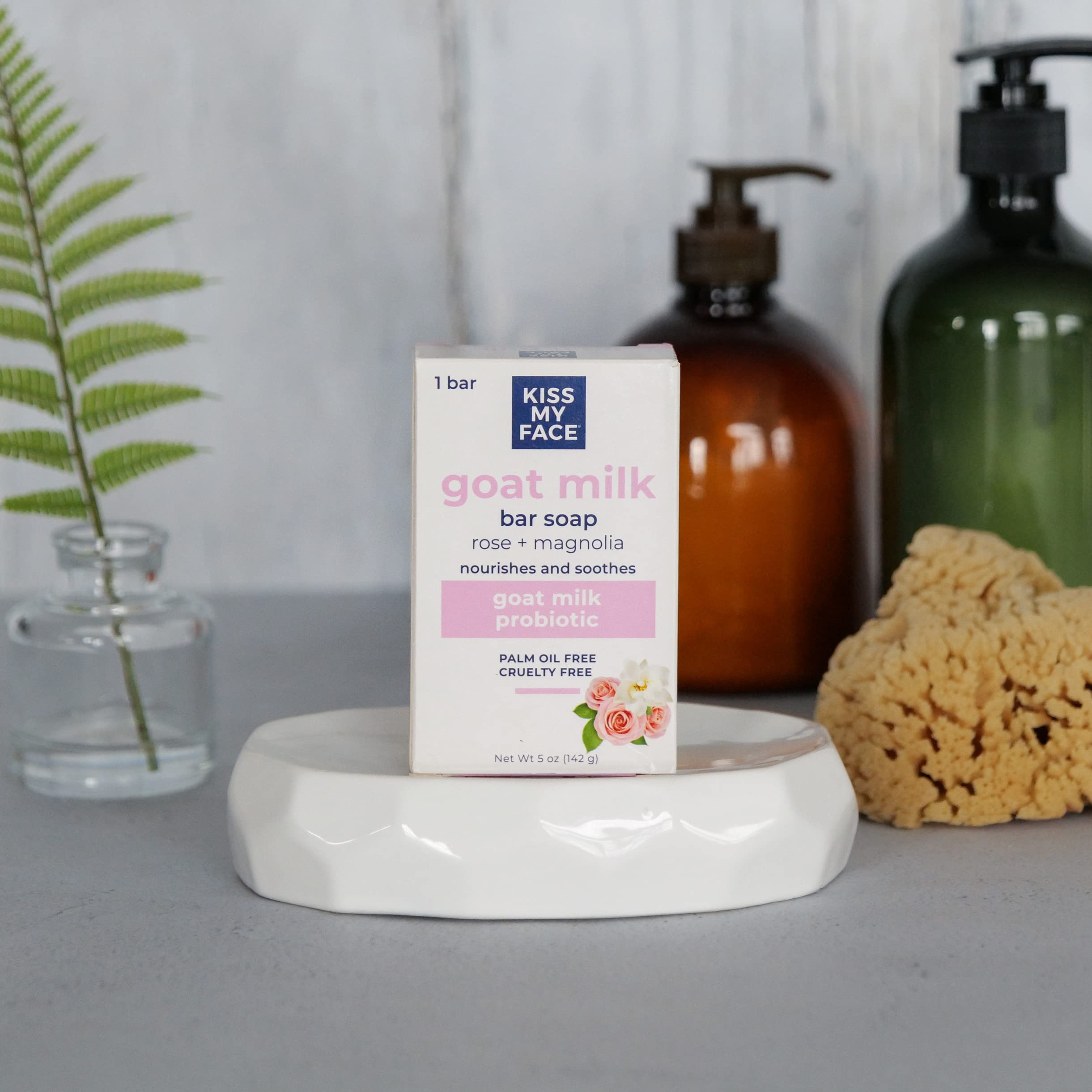Kiss My Face Goat Milk Bar Soap - Rose & Magnolia Scented Probiotic Soap - Cruelty Free, Palm Oil Free, Natural Moisturizing Soap for Dry Skin - Perfect for Sensitive Skin & Daily Body Care (Pack of 1)