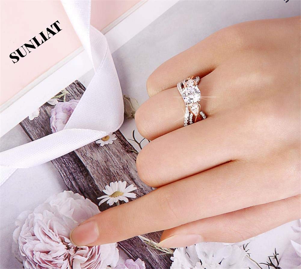 925 Silver Rose Gold Plated Engagement Wedding Ring Set for Women - Three Stone Round & Pear Cubic Zirconia Bridal Ring Set - Perfect for Anniversaries, Proposals & Special Occasions