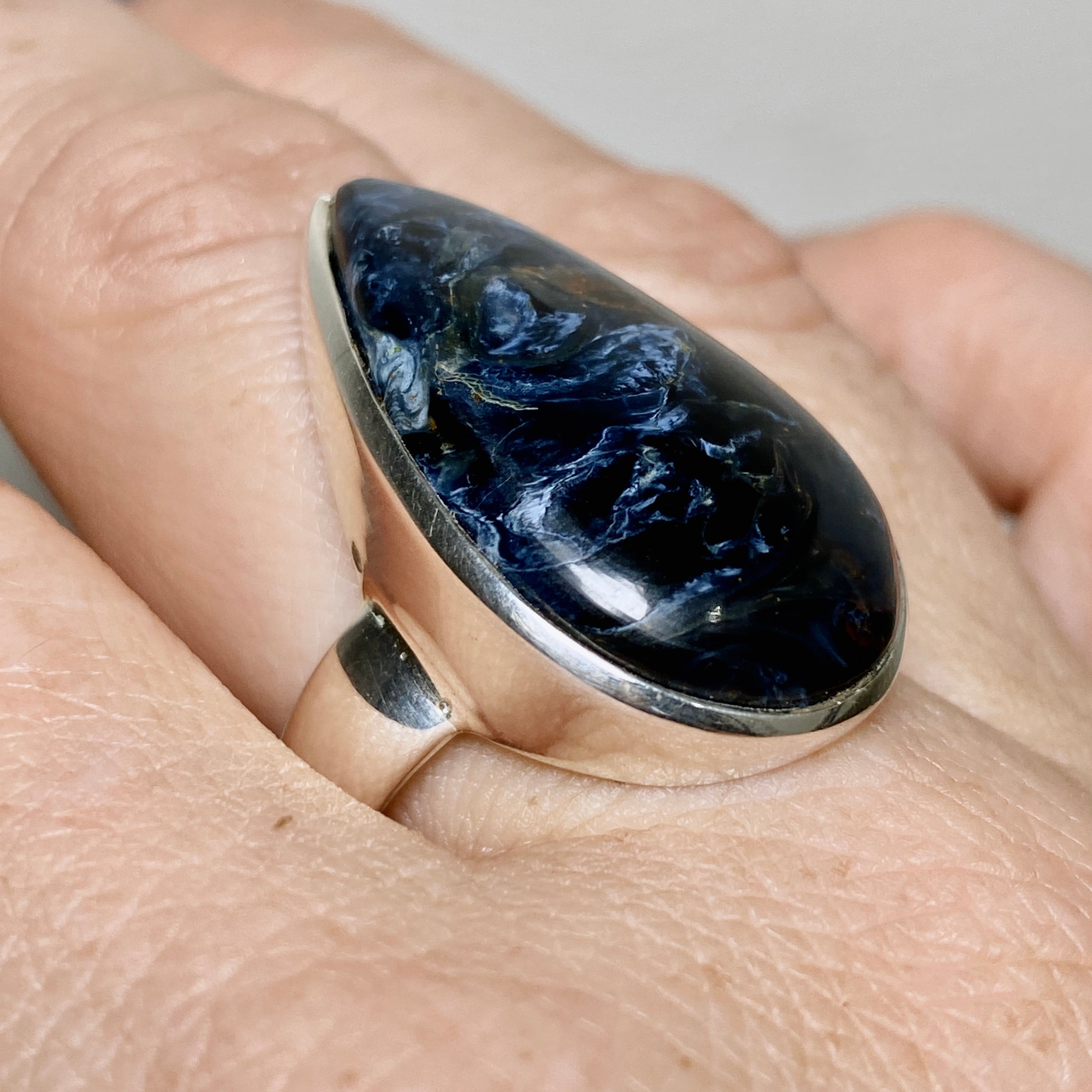 Pietersite Teardrop Cabochon Ring - Size 9.5 Sterling Silver Handmade Jewelry for Women - Perfect for Boho Fashion, Gift Giving & Special Occasions