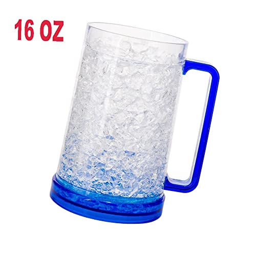 Double Wall Insulated Freezer Mugs - Set of 2, 16oz Stainless Steel Cold Cups with Lid & Straw - Perfect for Iced Coffee, Smoothies & Summer Drinks (Blue)