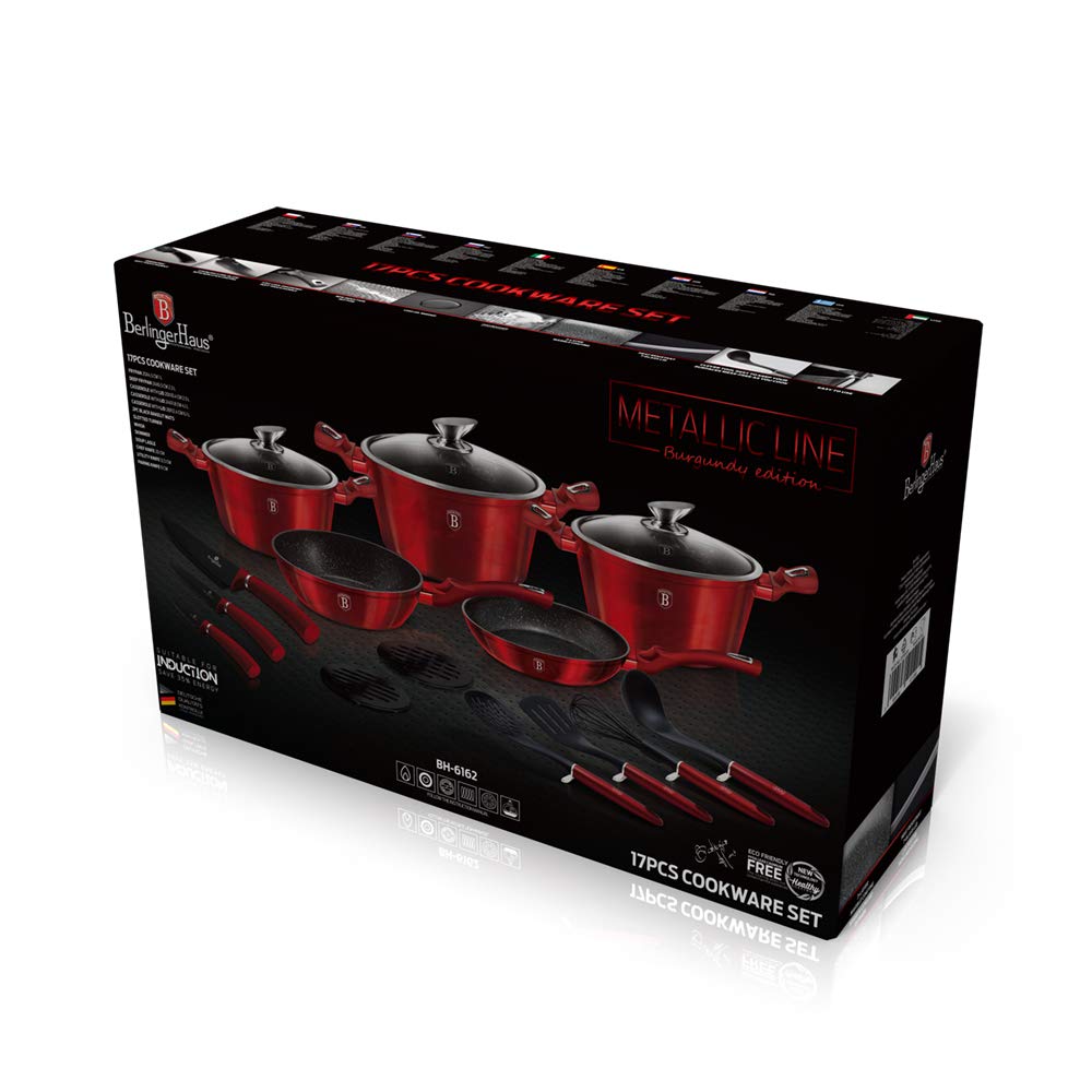 Berlinger Haus 17-Piece Nonstick Cookware Set with Utensils & Knife Set - Turbo Induction Pots & Pans, Ergonomic Handles, Dishwasher Safe (Red) - Perfect for Home Cooking, Professional Chefs & Gift Giving