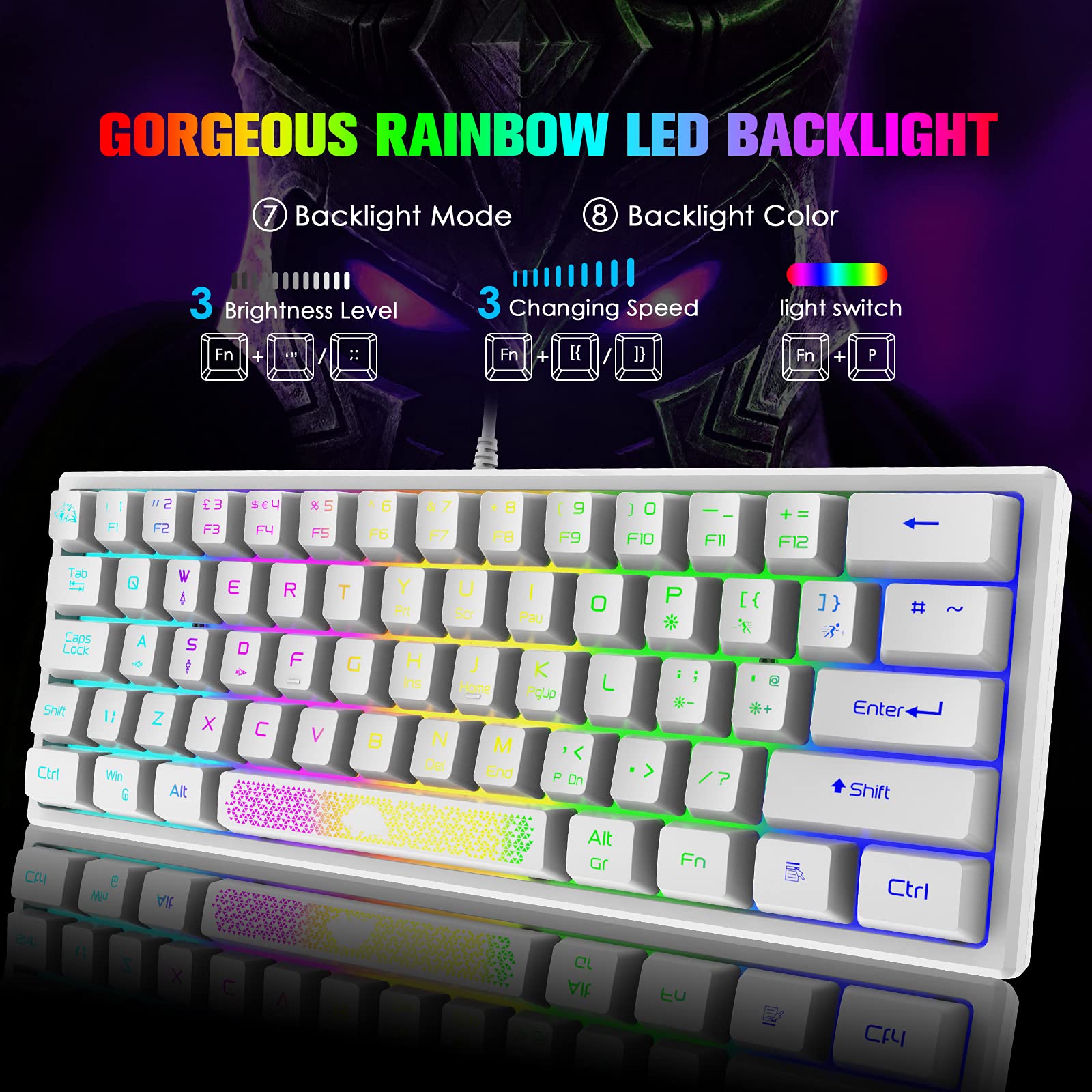 K61 60% Compact Mechanical Feel Gaming Keyboard - RGB Rainbow Backlit, 62-Key Ergonomic Design, 19-Key Anti-Ghosting, Waterproof USB Wired for PC/Mac/Windows - Perfect for Gamers, Typists & Office Work (White)