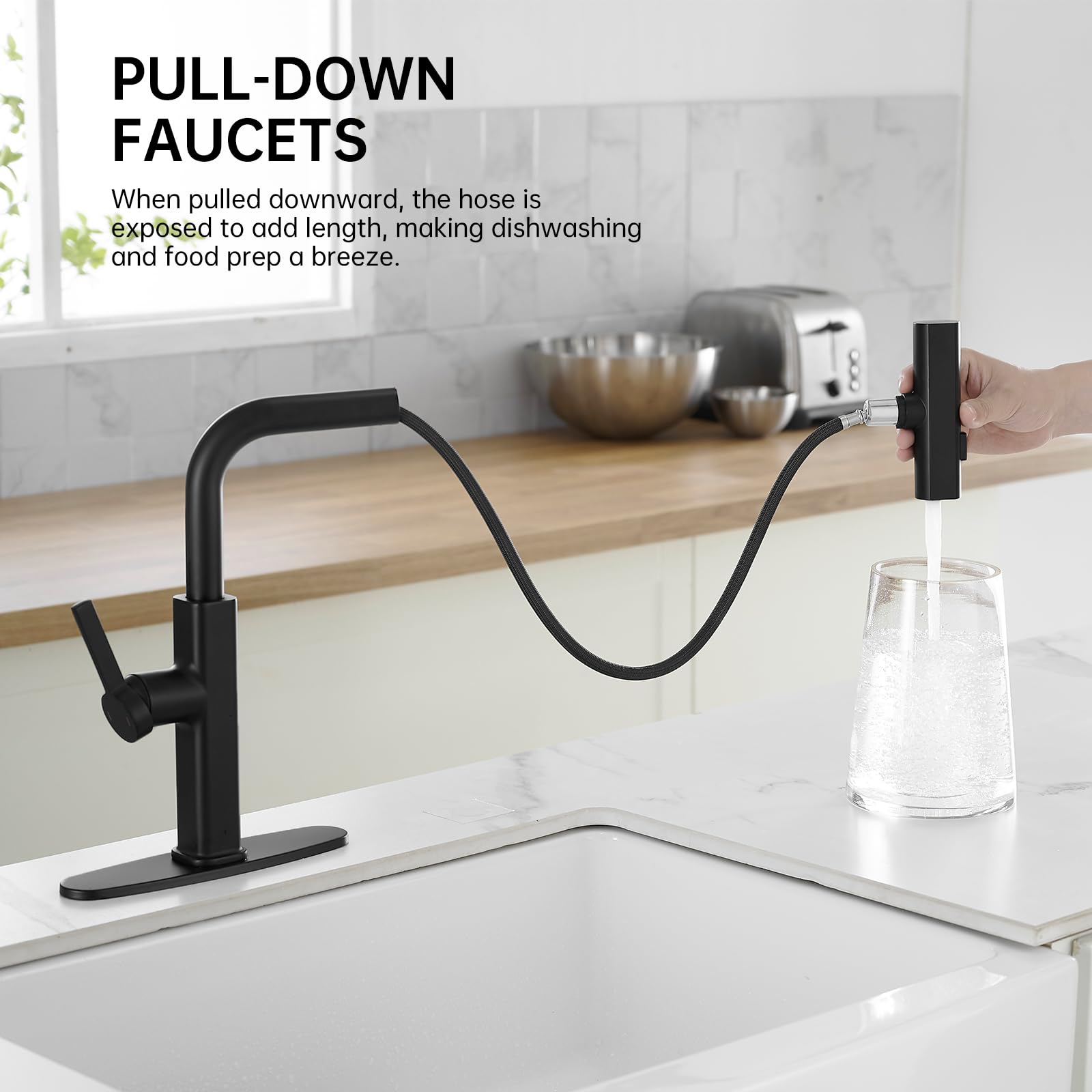 RUMOSE Matte Black Kitchen Faucet with Pull Down Sprayer - High Arc Waterfall RV Sink Faucet, 3-Mode Commercial Spray, 360° Swivel, Stainless Steel (Fits Single/3 Hole) - Perfect for RV, Laundry & Small Kitchen Sinks