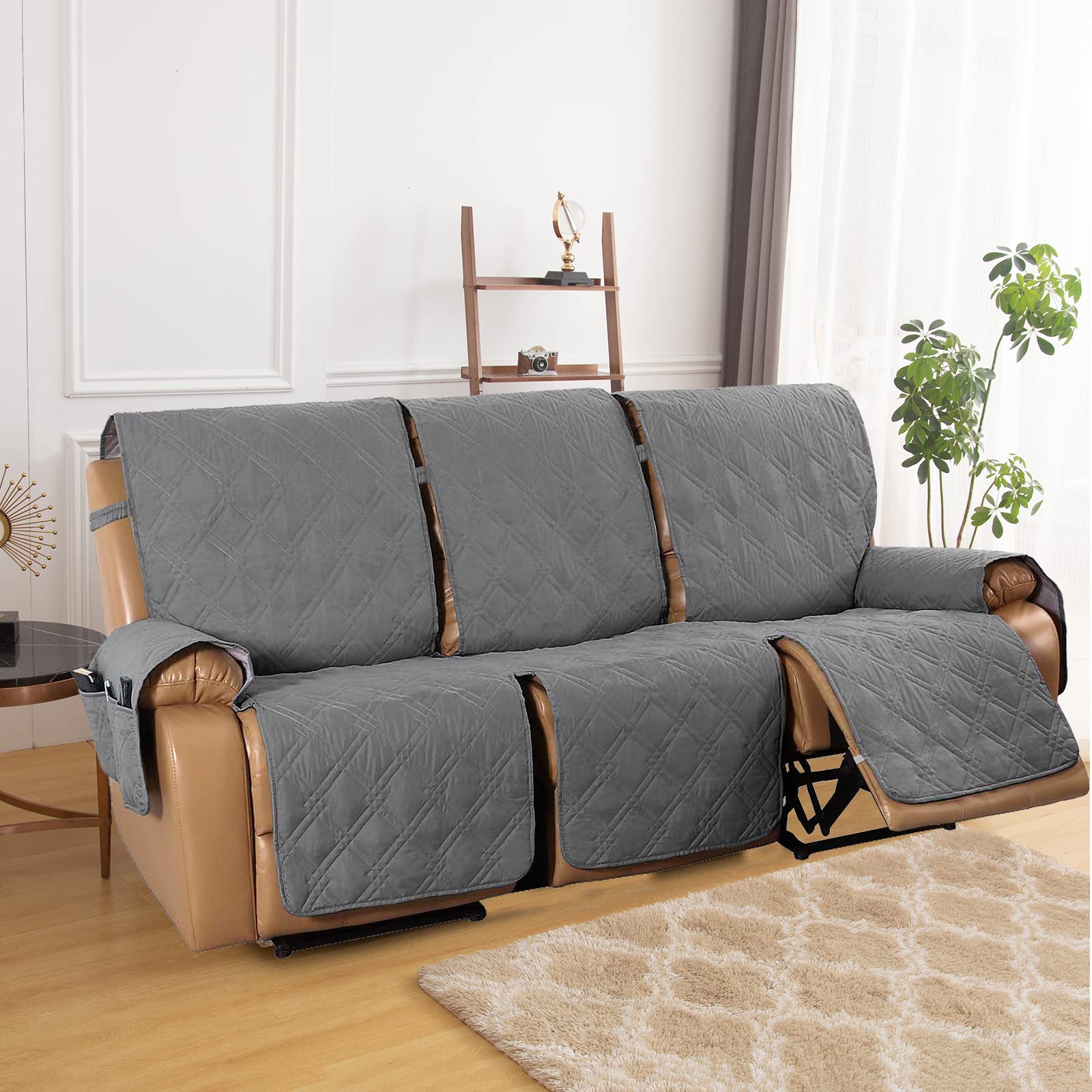 3-Seater Recliner Chair Cover - Waterproof Velvet Stretch Sofa Slipcover - Soft Armchair Cover with Storage - Furniture Protector for Living Room, Kids & Pets (Dark Grey) - Perfect for Family Gatherings, Pet Owners & Home Protection
