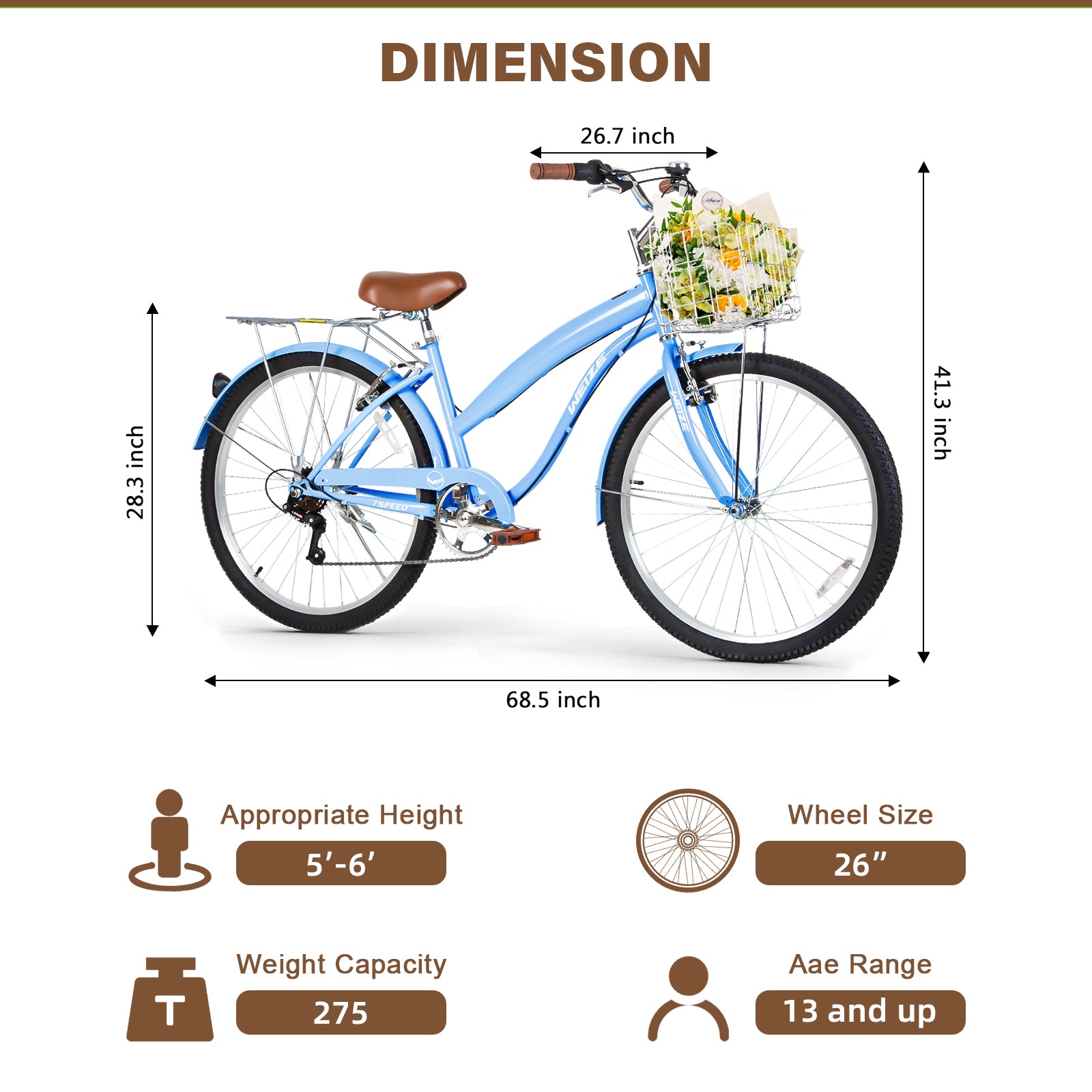 WEIZE 26 Inch Blue Beach Cruiser Bike for Adults - 7 Speed Comfortable Commuter Bicycle with Padded Seat - Perfect for Beach Rides, City Commuting & Leisure Cycling