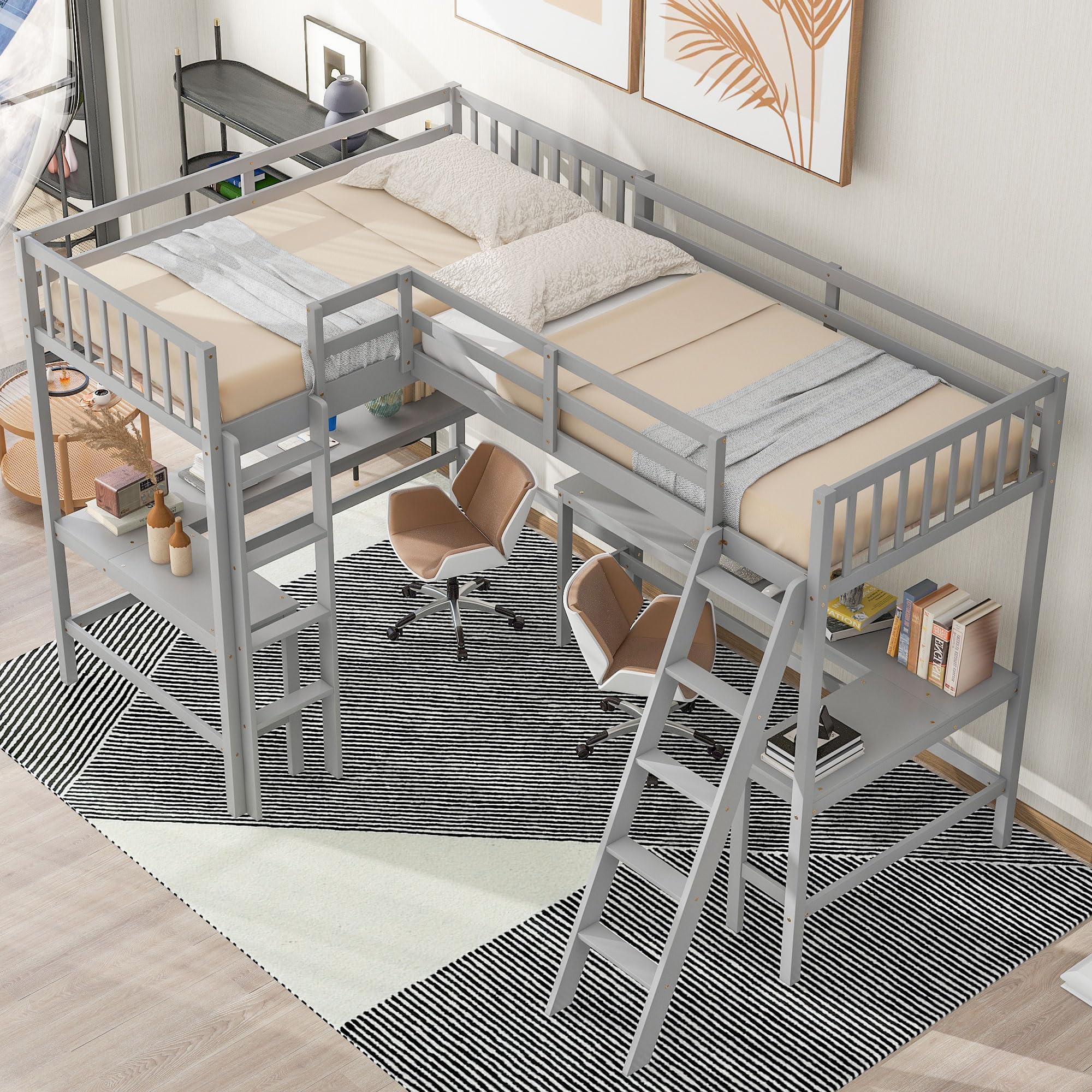 Merax Grey Wood Twin Size L-Shaped Loft Bed with Ladder & 2 Built-in Desks - Space Saving Study & Sleep Solution for Kids & Teens Small Bedrooms