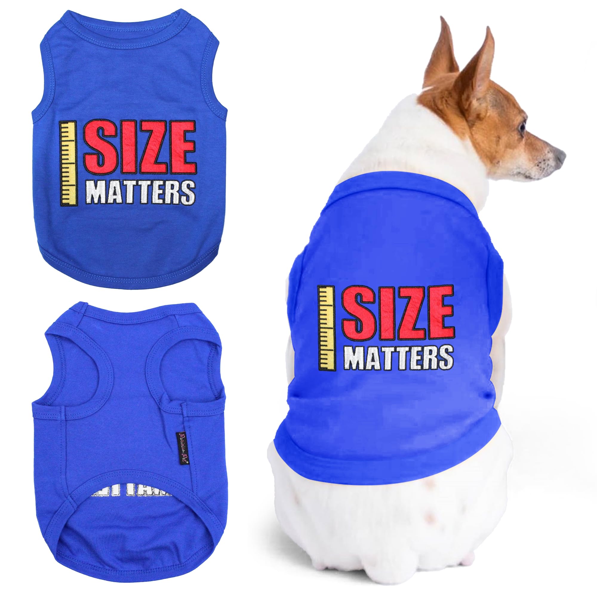 Parisian Pet Dog T-Shirt - Embroidered 'Size Matters' Cotton Sleeveless Tee - Lightweight & Breathable Dog Clothes for Small Dogs (XXS) - Machine Washable - Perfect for Summer Walks, Park Outings & Photo Shoots