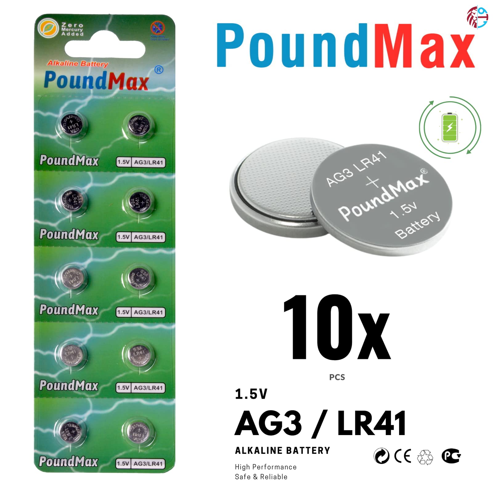 PoundMax AG3 LR41 1.5V Alkaline Button Cell Batteries - 10 Pack for Watches, Calculators, Thermometers & Small Electronics