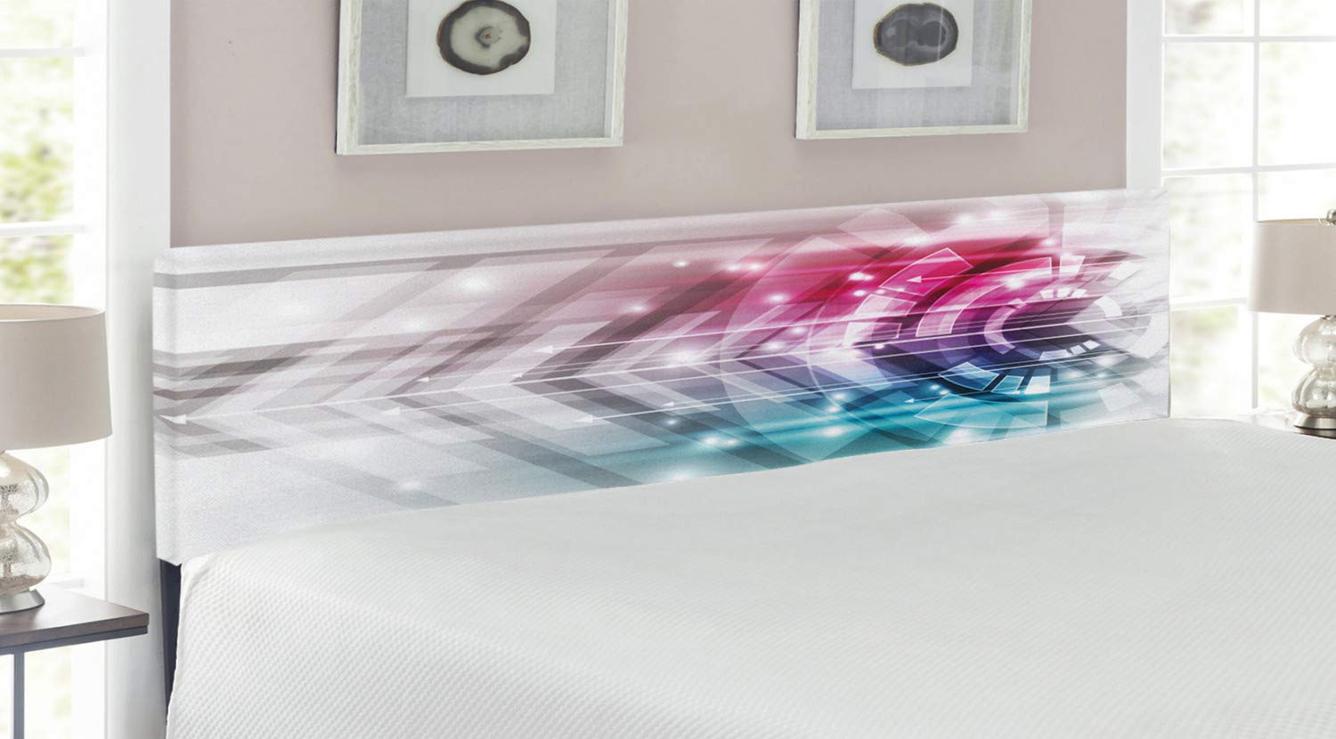 Ambesonne Modern King Size Upholstered Headboard with Memory Foam - Futuristic Geometric Square Design in Pale Blue Grey & Hot Pink - Bedroom Decor for Contemporary Homes
