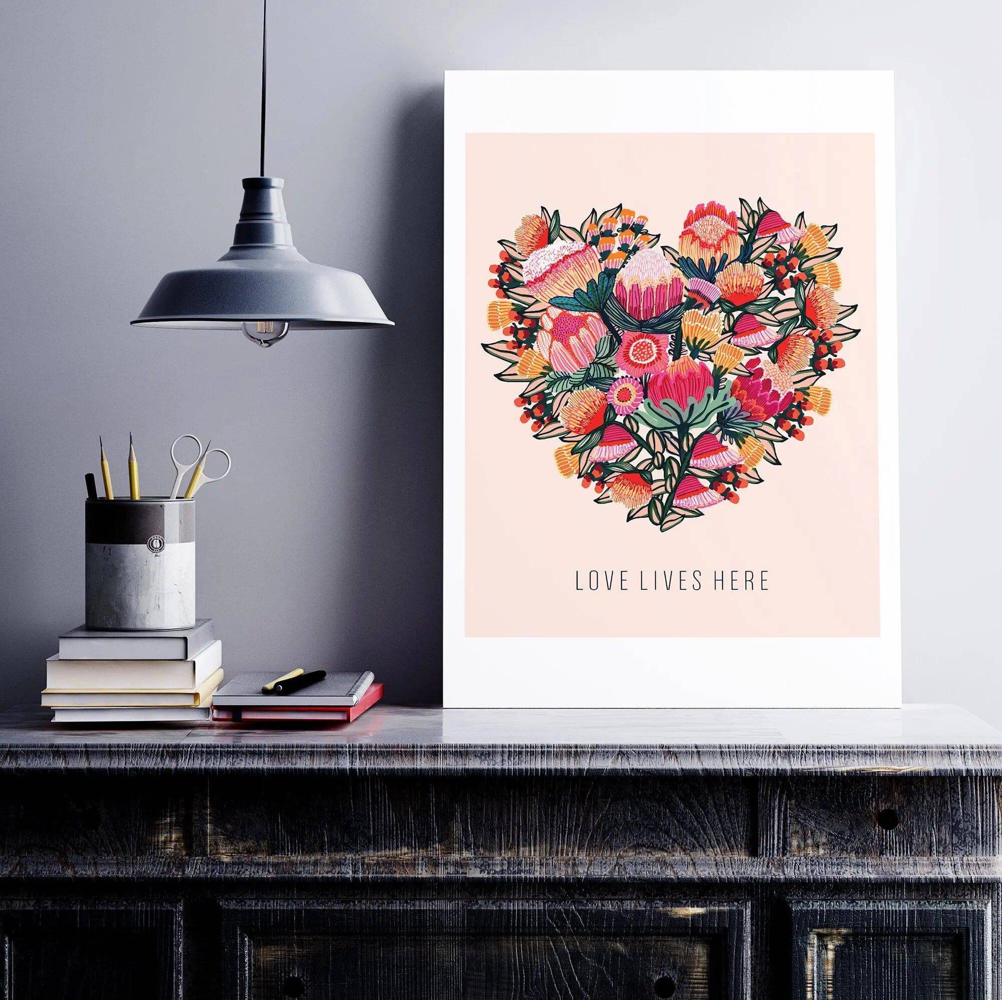 Love Lives Here Floral Heart Art Print - Beautiful Wall Decor for Home, Bedroom & Office - Perfect Gift for Valentine's Day, Wedding & Housewarming