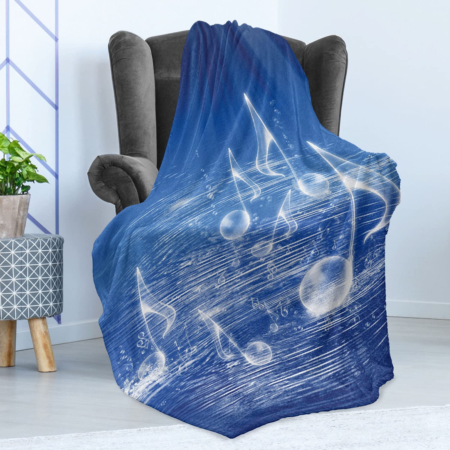 Ambesonne Music Themed Fleece Throw Blanket - Blue Musical Notes & Dancing Waves Design, 70