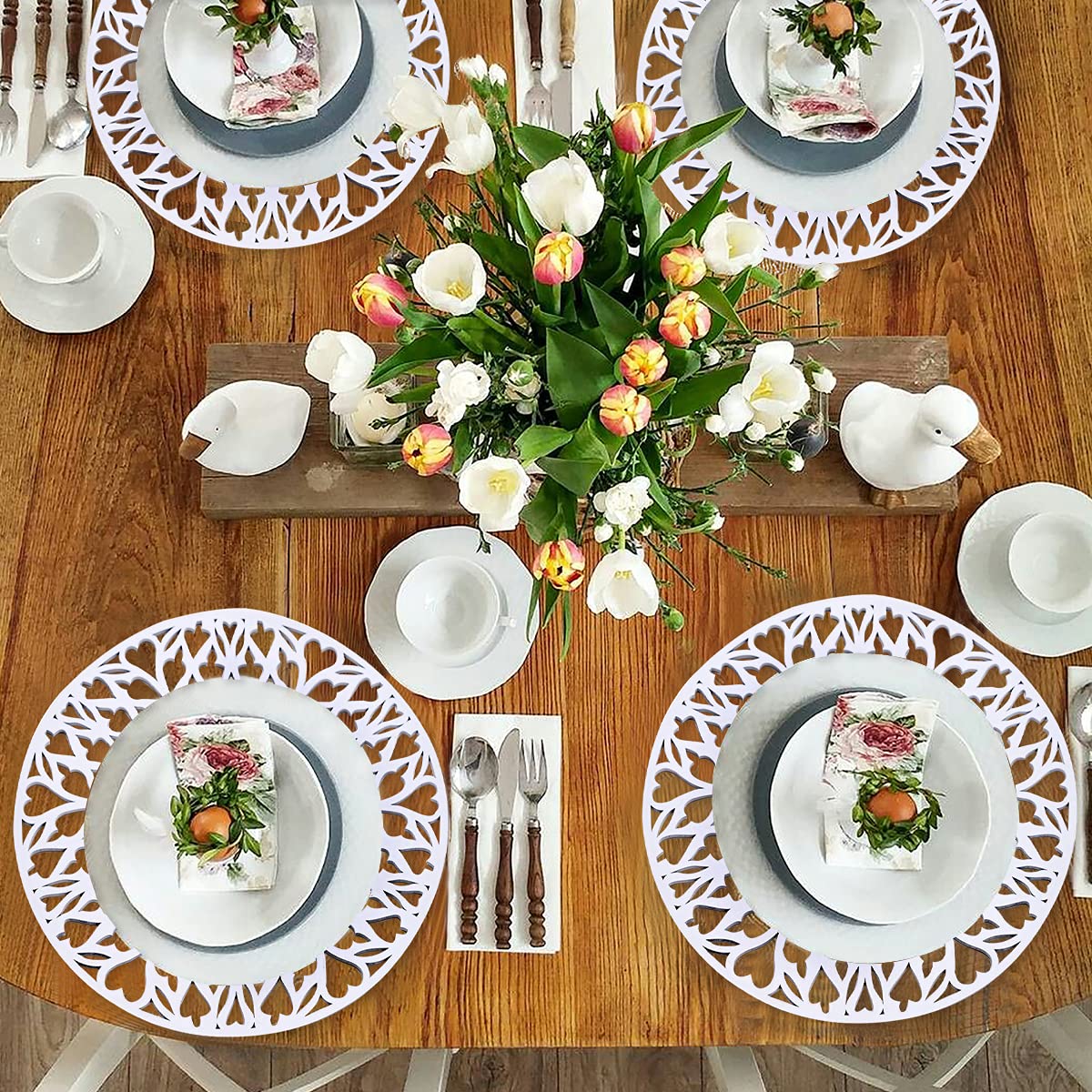 Decozen Wooden Placemats Set of 4 - Hand Carved Trivet for Kitchen, Dining & Coffee Table - Heat & Scratch Resistant - Elegant White Table Decor for Indoor/Outdoor Use - Perfect for Dinner Parties, BBQs & Holiday Gatherings