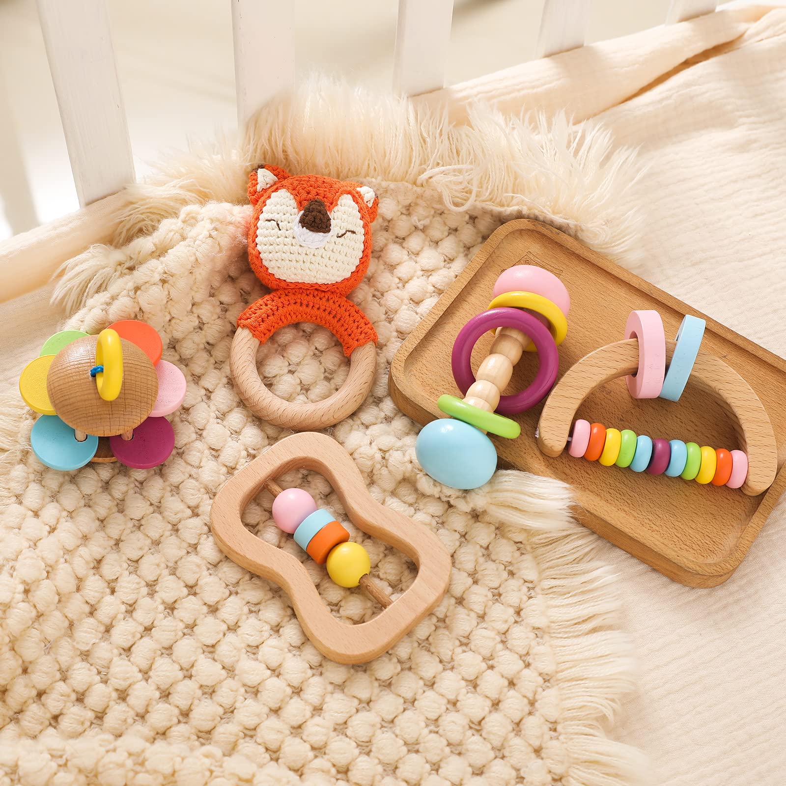 Organic Wooden Teething Rings for Babies - 5 Pack Natural Beechwood Teether Toys with Gift Box | Safe & Non-Toxic Infant Teething Relief for Soothing Sore Gums | Perfect Baby Shower Gift & Early Childhood Development Toy