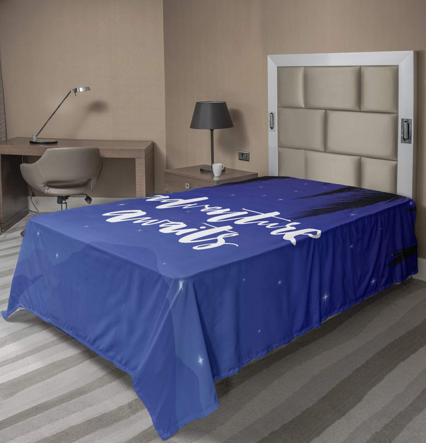 Ambesonne Travel Adventure Quote Flat Sheet - Soft Comfortable Twin XL Top Sheet with Stars Night Sky Print, Decorative Bedding for Home & Guest Room (Violet Blue & White) - Perfect for Wanderlust Lovers & Cozy Bedroom Decor