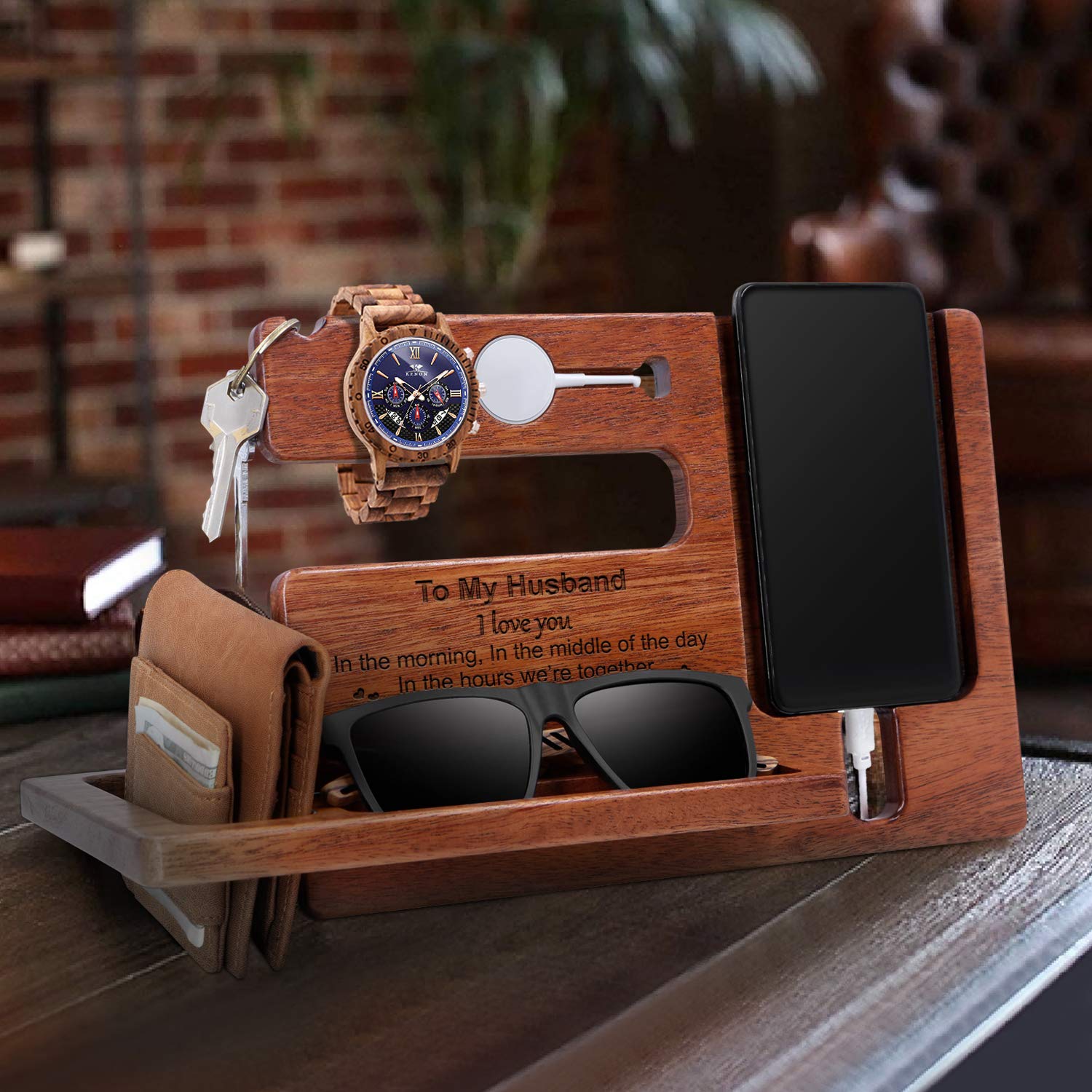 Personalized Wooden Docking Station & Nightstand Organizer - Engraved Keychain, Wallet, Watch Storage Rack for Men | Handmade Travel Gadget | Perfect Graduation & Birthday Gift for Husband | Ideal for Bedside, Office Desk & Travel Organization
