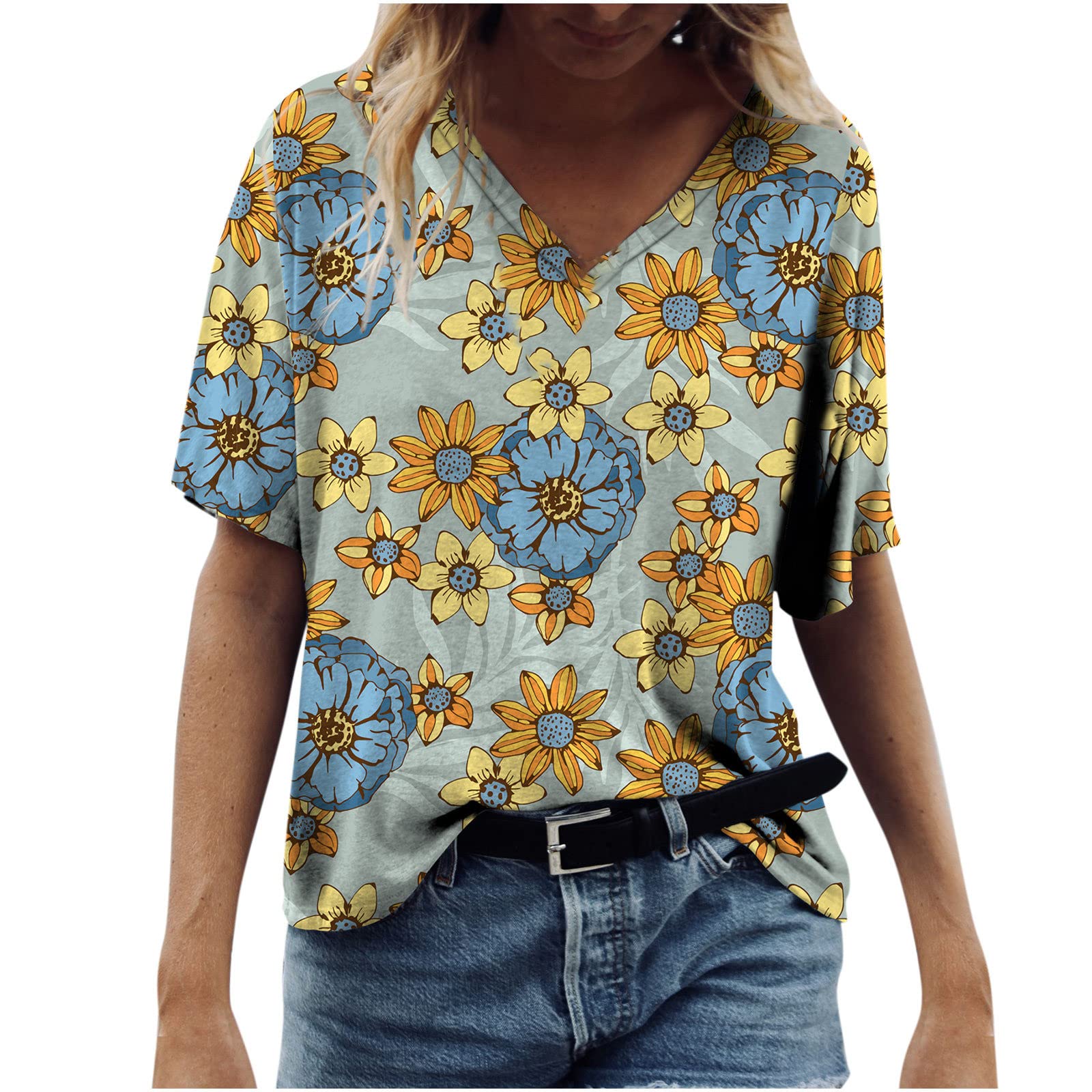 Women's Summer Floral Print Boho Tops - Casual Short Sleeve V-Neck T-Shirt & Cozy Blouse for Going Out | Perfect for Beach Vacations, Music Festivals and Weekend Brunch