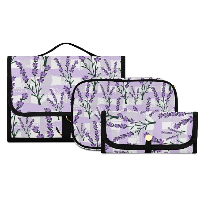 Vintage Purple Lavender Hanging Toiletry Bag Set - 3 PCS Clear Travel Makeup Organizer for Women, Portable Cosmetic Storage with Hanging Hook - Perfect for Vacation, Gym, Camping & Business Trips
