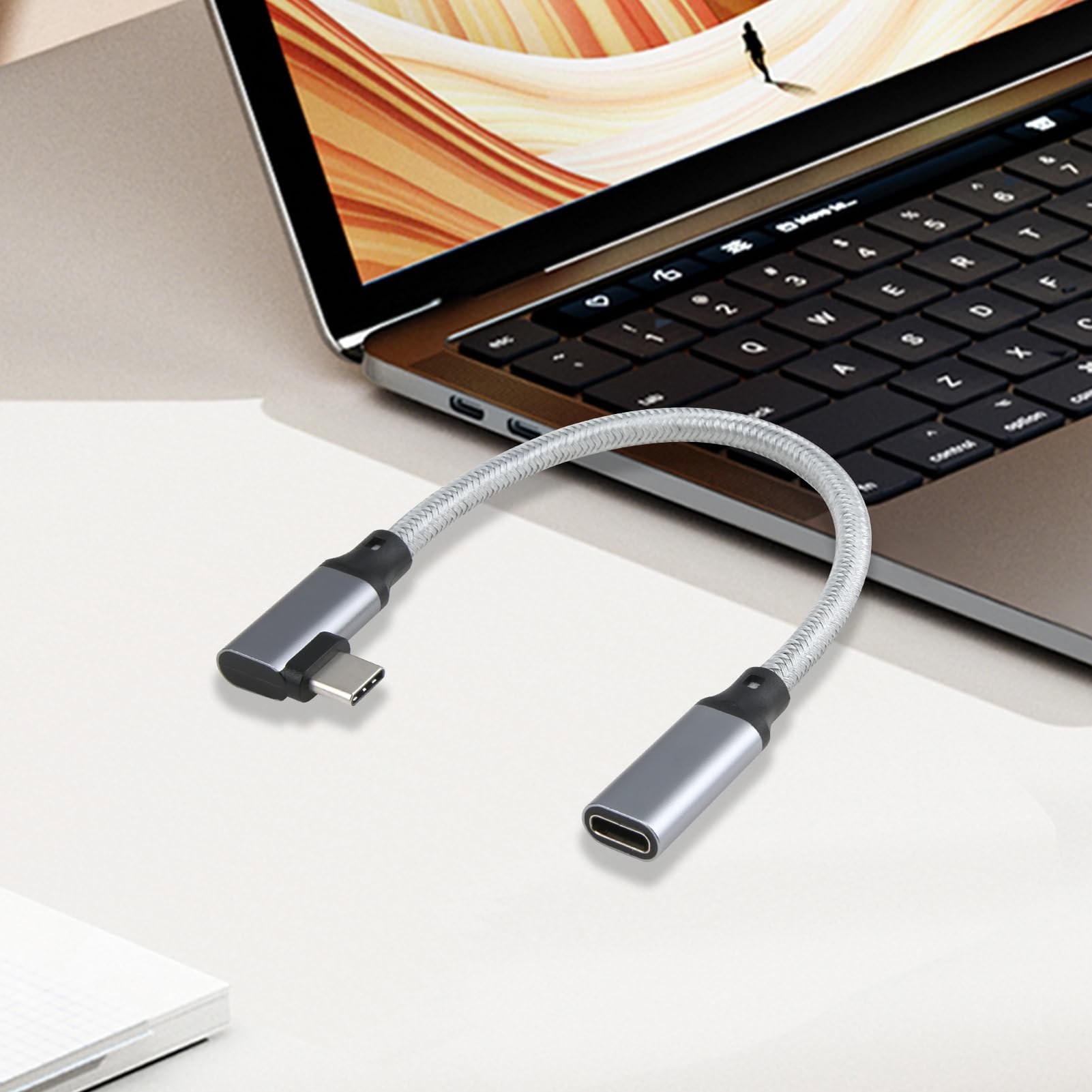 90 Degree Right Angle USB C Extension Cable - USB C 3.1 Gen 2 L-Shaped Female to Male Adapter for MacBook Pro/Air, iPad, iPhone 15/14/13, Samsung Galaxy - Perfect for Tight Spaces & Charging in Bed/Car