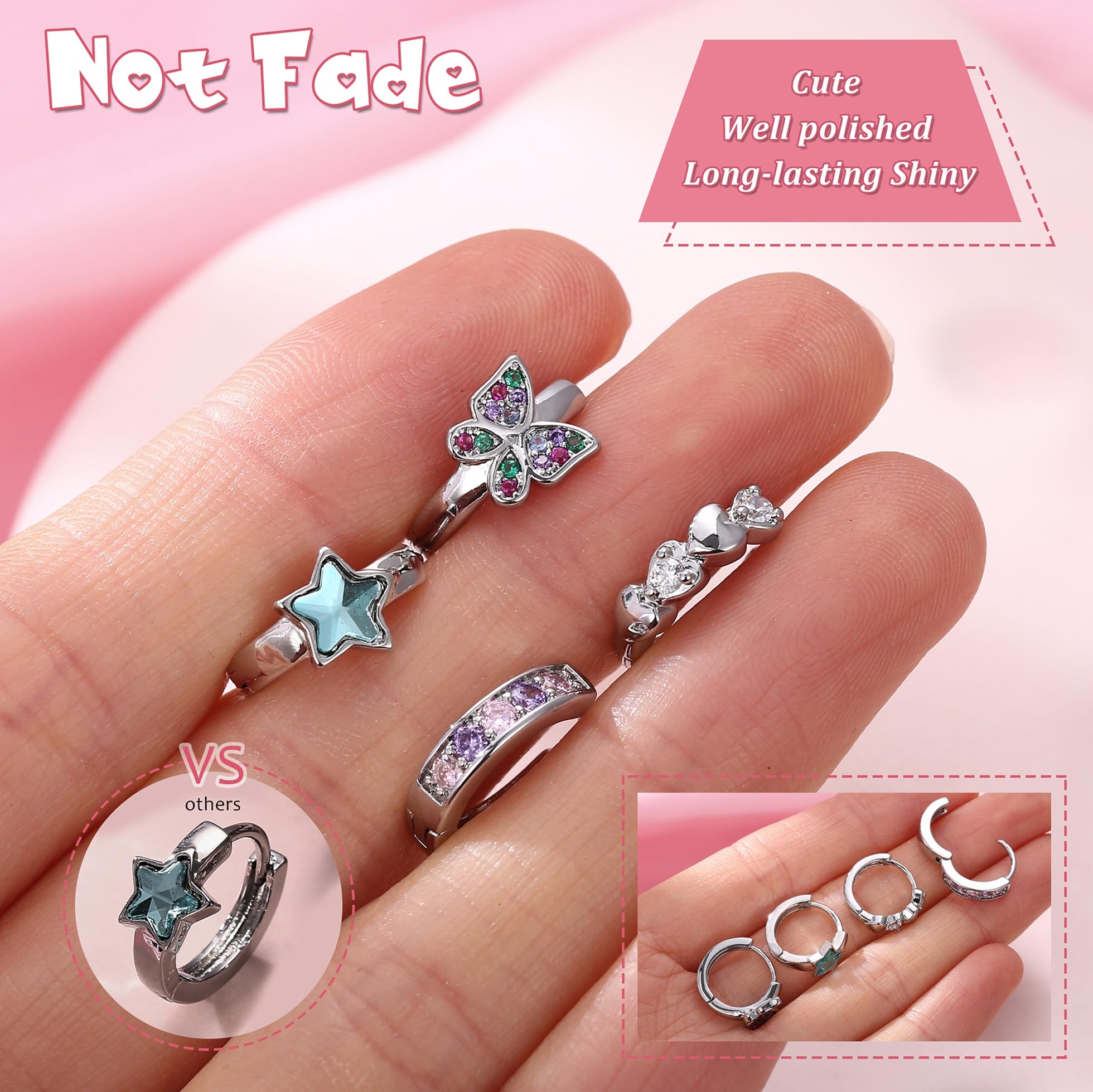 Hypoallergenic Huggie Hoop Earrings for Women & Girls - 10mm Tiny CZ Butterfly Star Cartilage Earrings Set | Double Love Heart Sleeper Earrings for Daily Wear, Gift Giving & Special Occasions