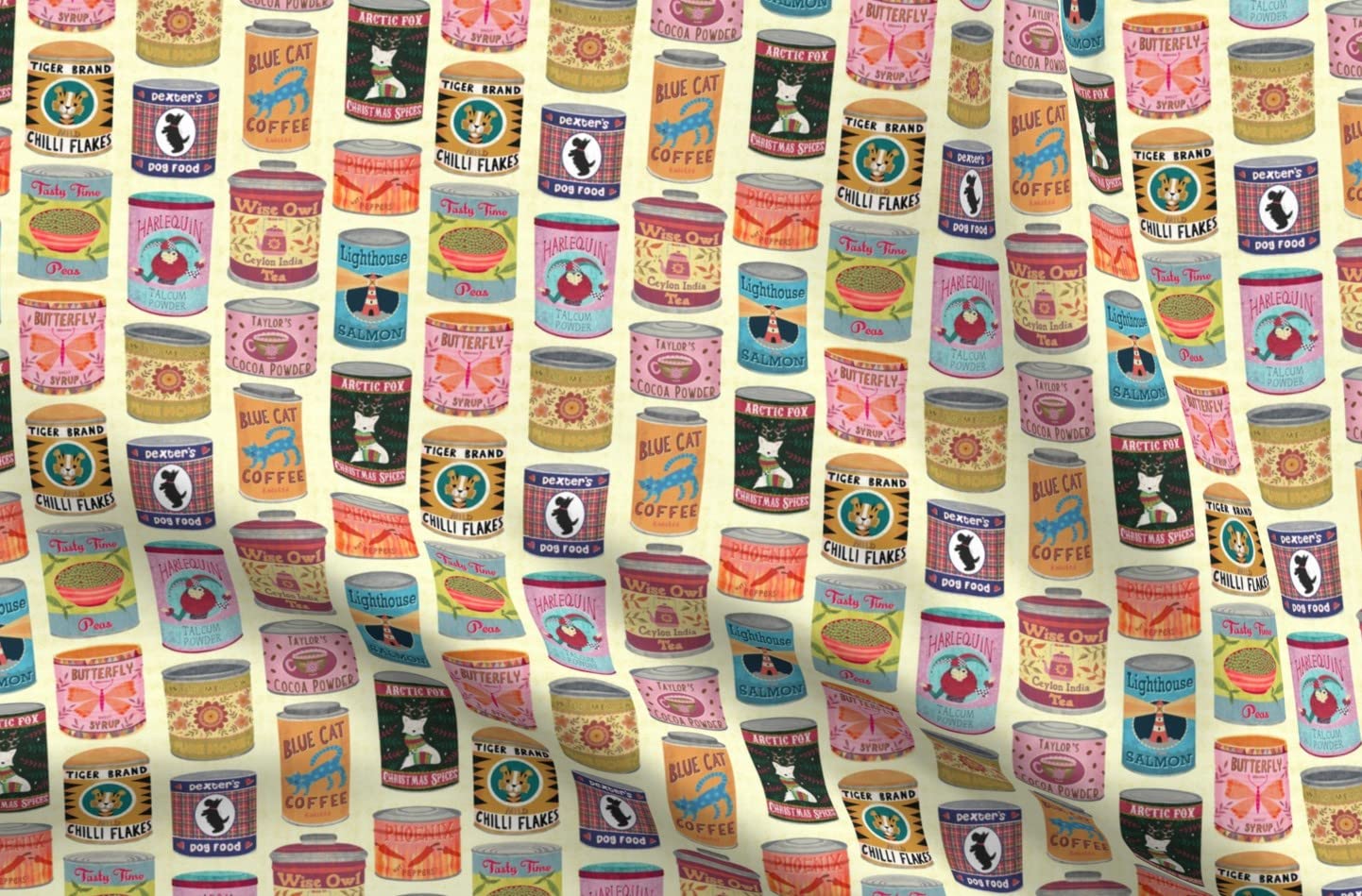 Retro Vintage Canned Goods Pantry Print Satin Fabric Fat Quarter - Sewing, Lining, Apparel, Fashion, Blankets, Home Decor - Perfect for DIY Projects, Quilting, and Crafting