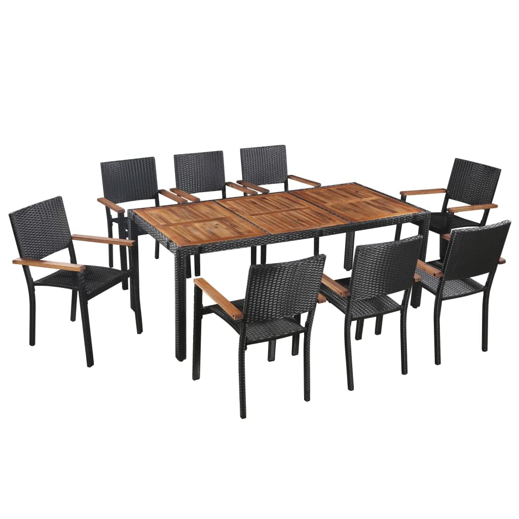 vidaXL 9-Piece Patio Dining Set with Wood Tabletop - Outdoor Furniture for Garden, Balcony, Backyard - Poly Rattan & Acacia Wood Black - Perfect for BBQs, Family Gatherings & Outdoor Entertaining