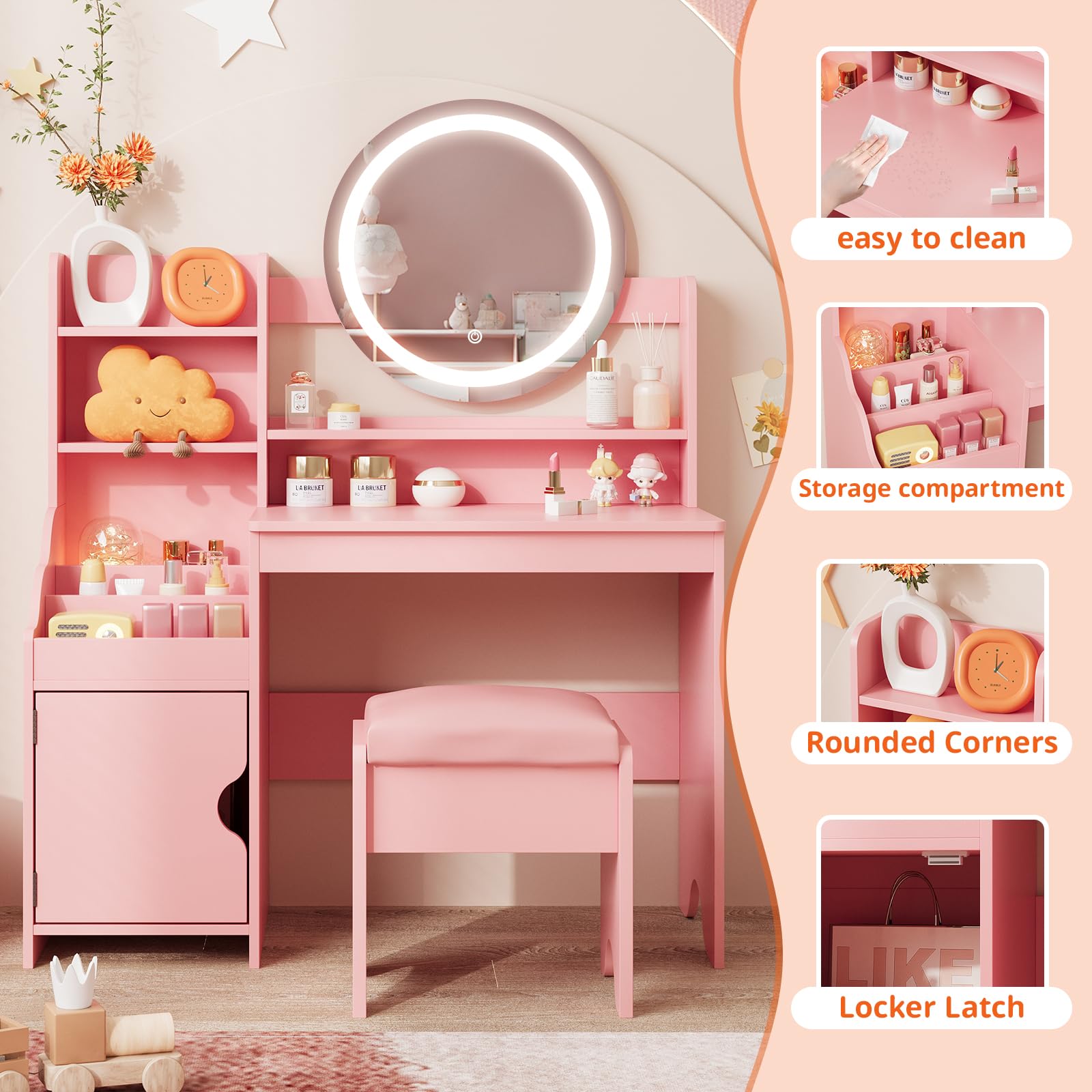 **Vabches Kids Vanity Set with LED Lights - Princess Makeup Vanity Desk with Open Bookshelf, Storage Cabinet & Shelves - Toddler Vanity Table & Chair Set - Pretend Play Dress Up Toy for Little Girls (Pink) - Perfect for Bedroom, Playroom & Birthday Gifts**