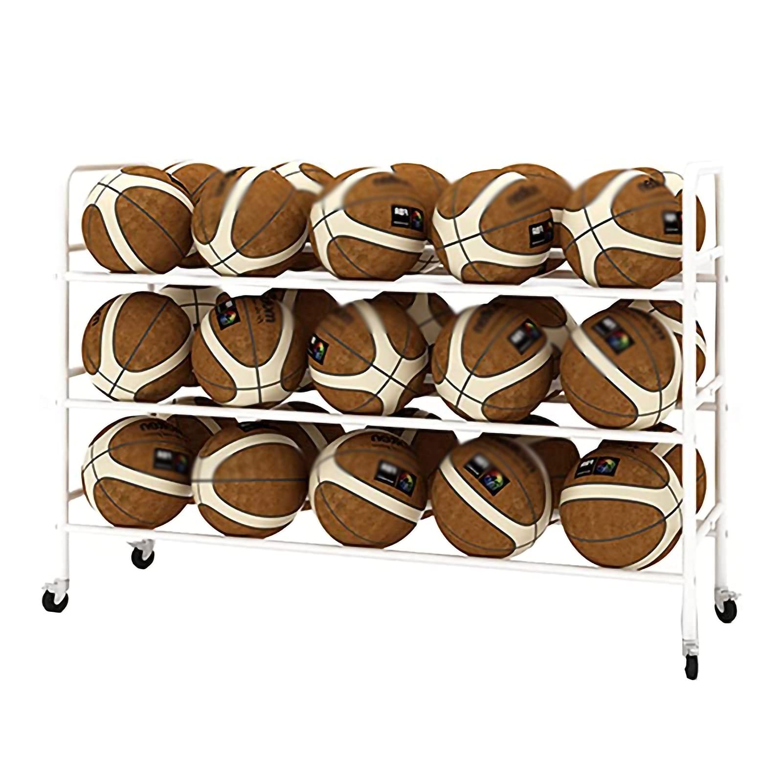 3-Tier Rolling Basketball Storage Rack - Heavy Duty Metal Sports Ball Organizer Cart for Garage, Gym or Playroom - Holds Soccer, Volleyball & Basketballs (White, 46