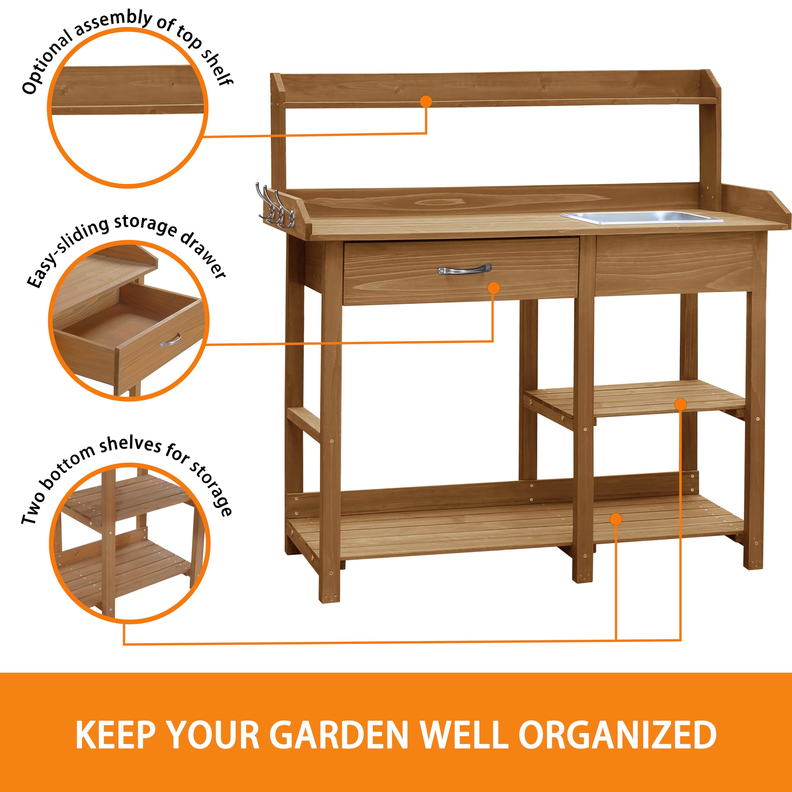 VEIKOU Outdoor Potting Bench with Stainless Steel Sink, Drawer & Storage Shelves - Heavy Duty Garden Work Table for Planting, Gardening - Perfect for Yard, Patio, Greenhouse & Backyard Use
