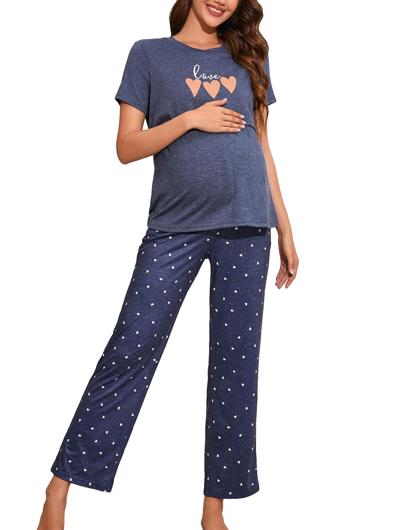 OYOANGLE Women's Maternity Nursing Pajama Set - Soft Short Sleeve Top & Pants Lounge Wear for Pregnancy & Breastfeeding - Comfortable Sleepwear for Nighttime & Postpartum Recovery