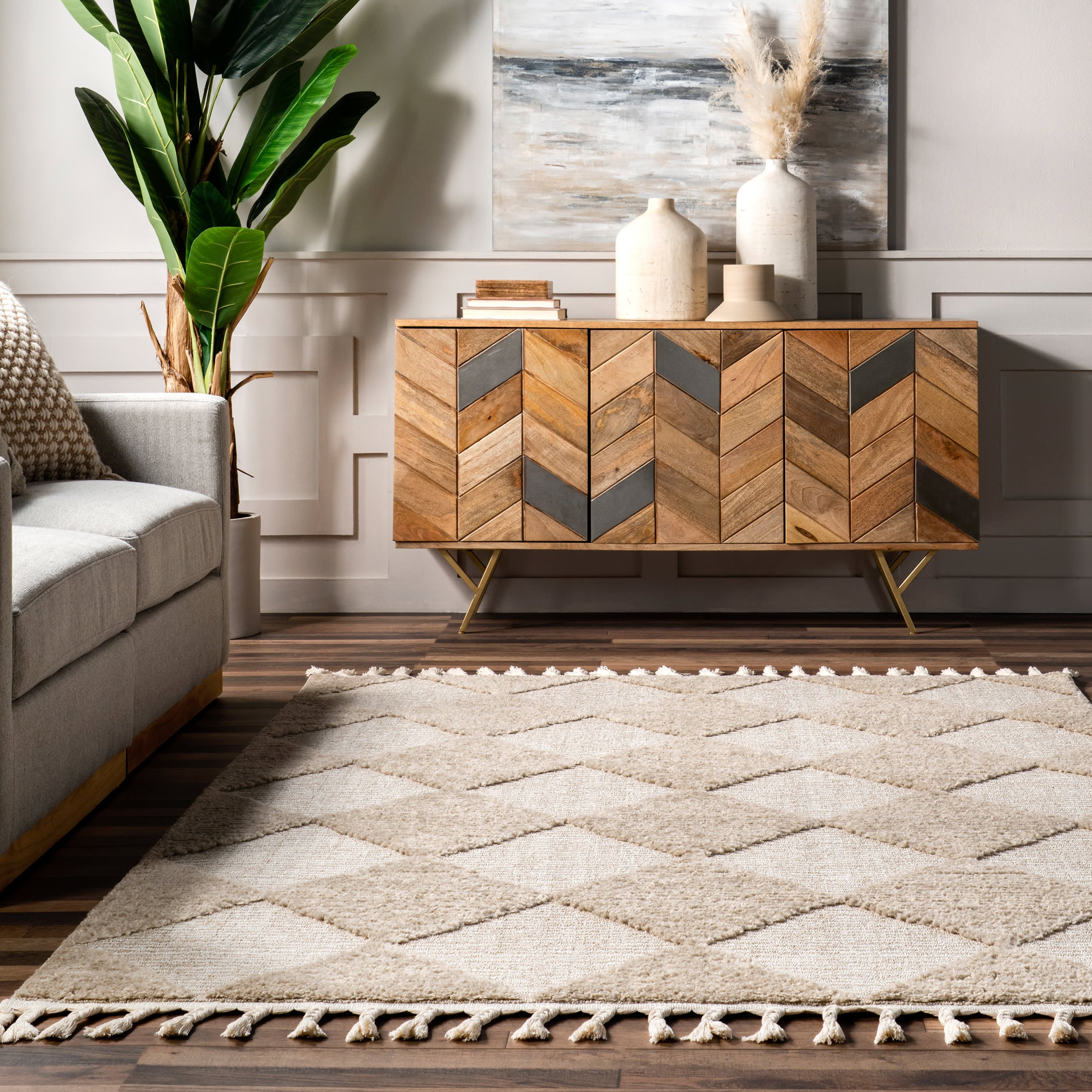 Luxury Aylin Diamond Tasseled Area Rug in Beige - Soft Bohemian Chic Home Decor for Living Room, Bedroom & Nursery