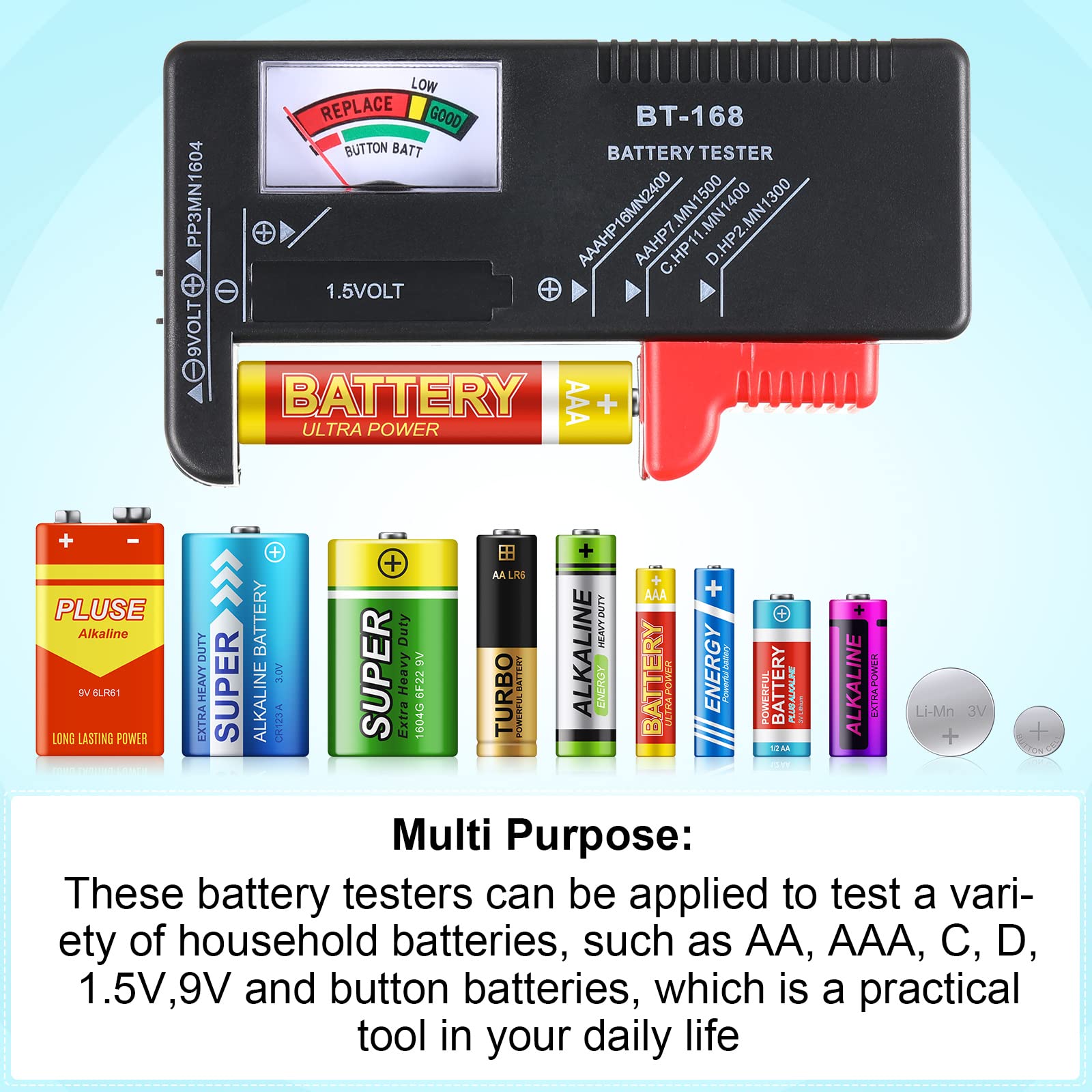 2 Pack Universal Battery Tester - Voltage Checker for AA AAA C D 9V 1.5V & Button Cell Batteries | Home, Office, Travel & Emergency Use