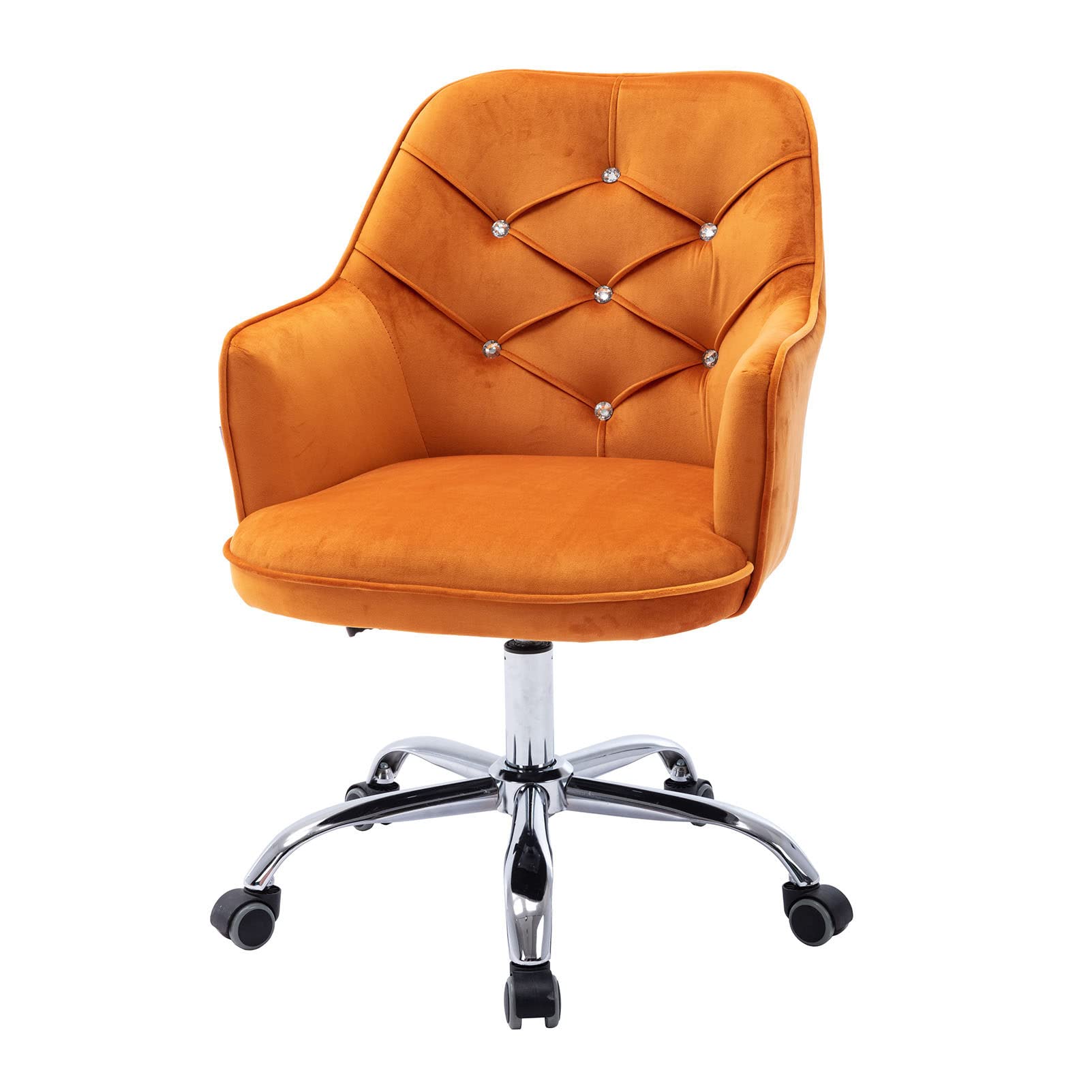 Velvet Adjustable Height Swivel Task Chair with Wheels & Arms - Mid-Back Button Tufted Accent Desk Chair for Home Office, Living Room & Vanity - Orange | Ergonomic Computer Chair for Work & Study