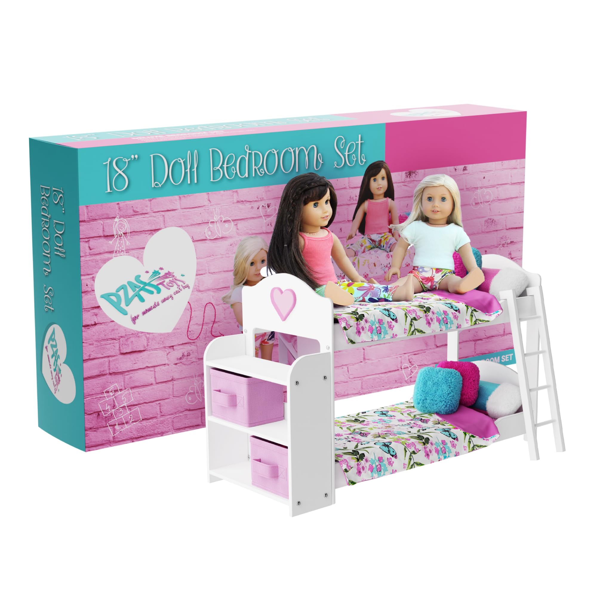 18 Inch Doll Bunk Bed Set for American Girl Dolls - 23 Piece Complete with Linens, Pajamas & Shelves | Perfect for Kids' Bedroom Decor & Imaginative Play