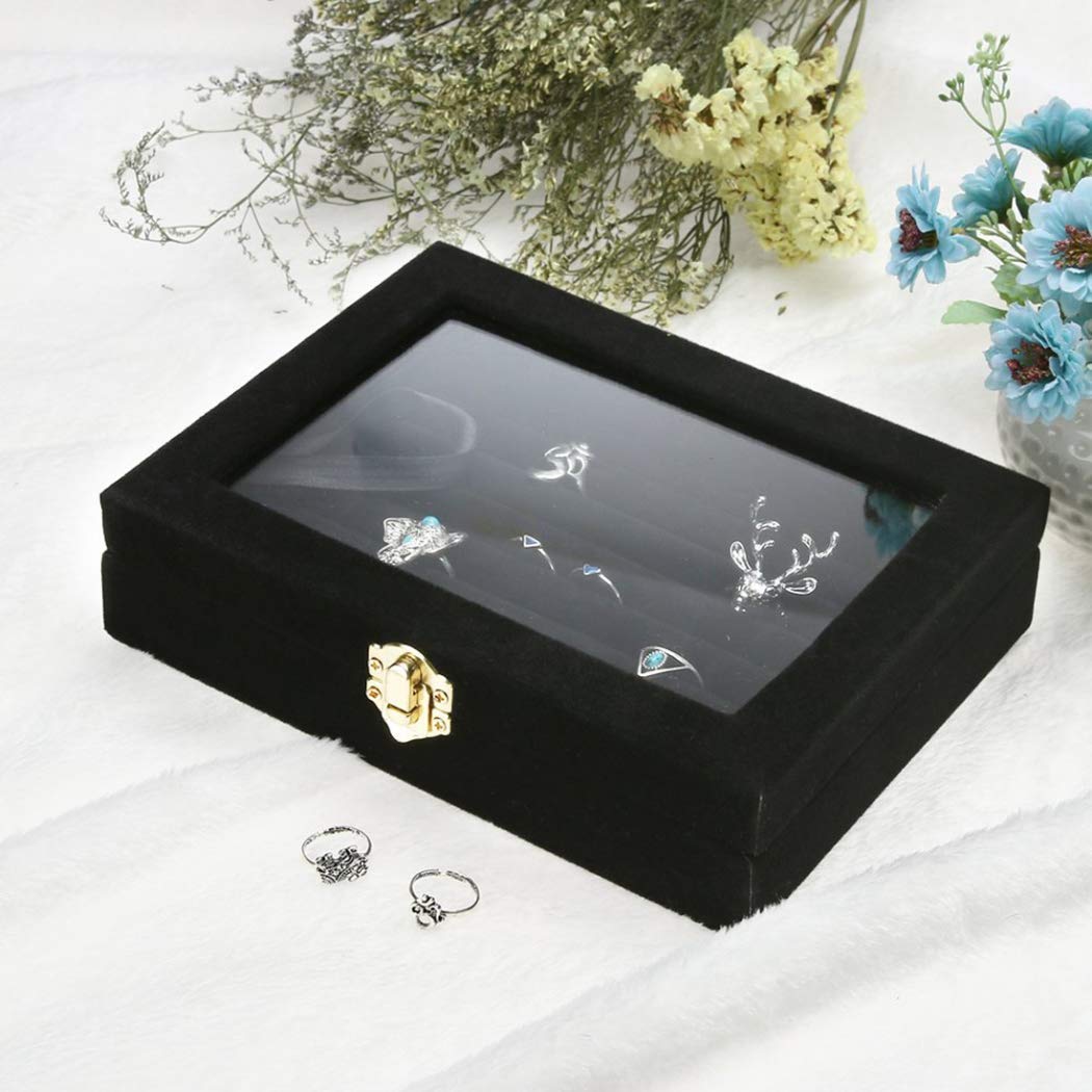 Elegant Jewelry Ring Display Box with Glass Cover - Light Grey Storage Tray for Organizing & Showcasing Rings | Perfect for Jewelry Stores, Wedding Displays & Home Organization