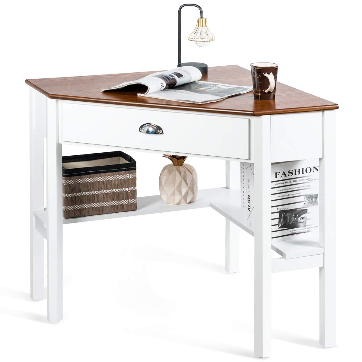 Tangkula 90-Degree Corner Desk with Drawer & Storage Shelves - Compact Computer Desk & Makeup Vanity for Small Spaces (Natural & White) - Perfect for Home Office, Dorm Room & Bedroom Workspace
