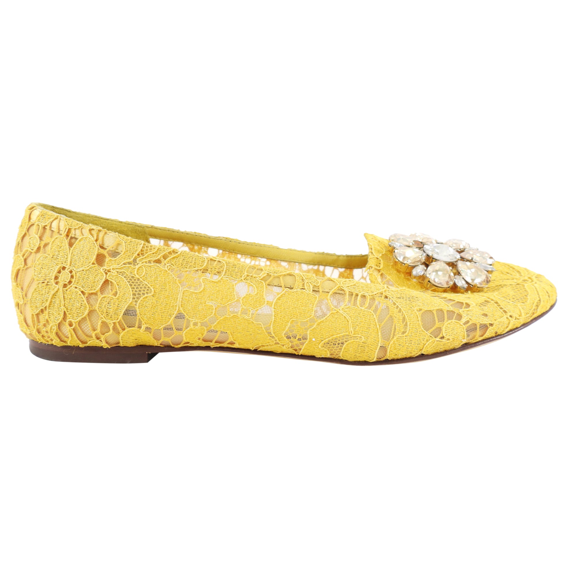 Dolce & Gabbana Women's Yellow Crystal Embellished Lace Ballet Flats Size 39.5 | Elegant Evening Shoes for Weddings, Parties & Special Occasions