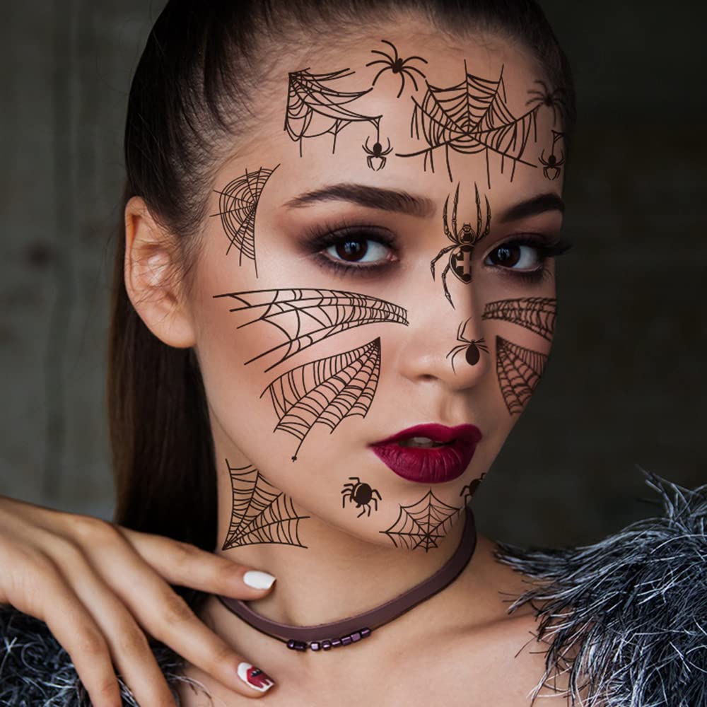 Halloween Temporary Tattoos - S.A.V.I Bats & Spider Web Face & Body Stickers for Eye Decoration | Scary Cobweb Tattoo Designs for Face Makeup | Perfect for Men, Women, Girls & Boys (12.5x17cm) | Great for Halloween Parties, Costume Contests & Spooky Photo Shoots