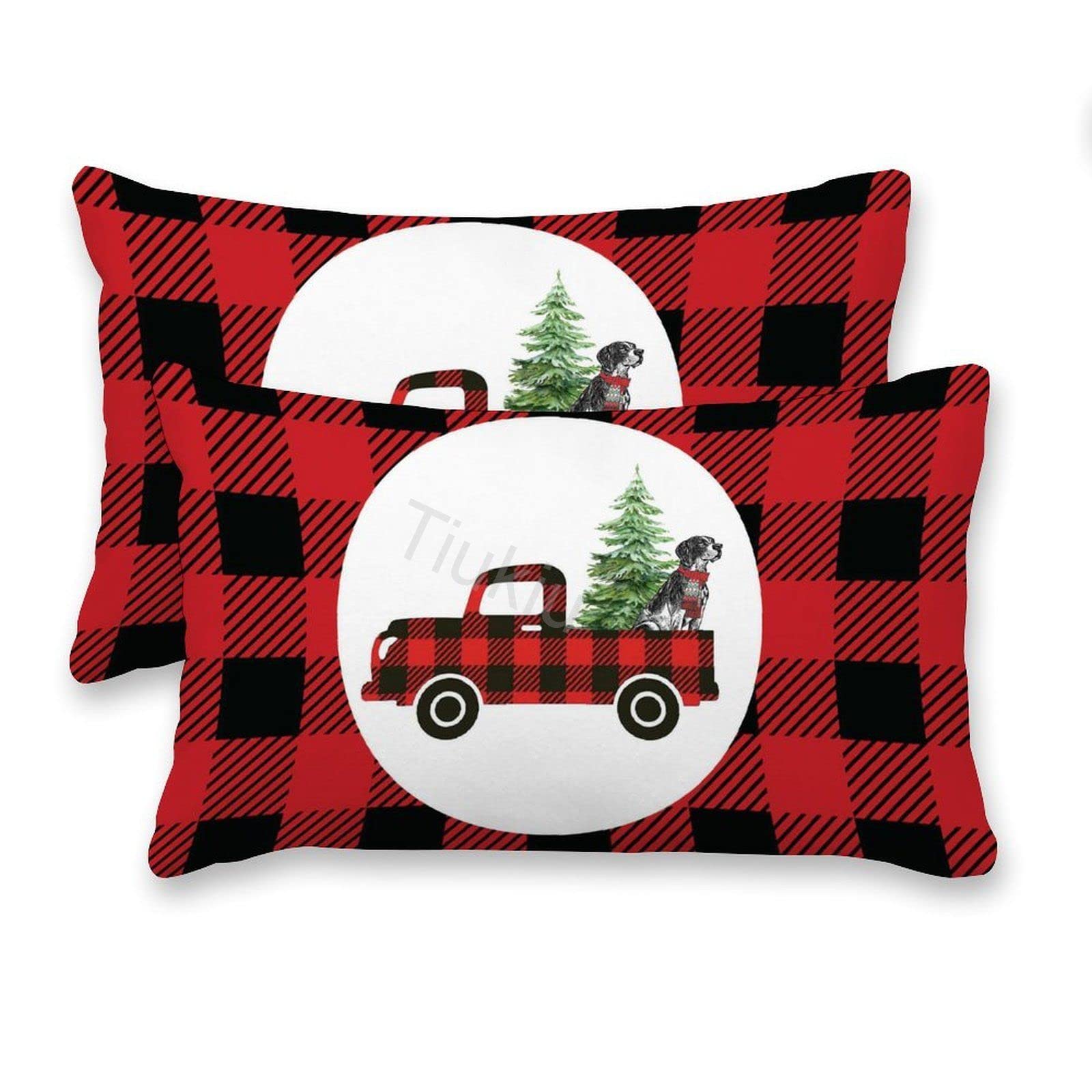Decorative Lumbar Pillow Covers Set of 2 - Red Plaid Canvas Truck Design Rectangular Throw Pillow Cases (16x26 inches) for Sofa, Couch, Bed & Living Room - Perfect Farmhouse & Rustic Home Decor