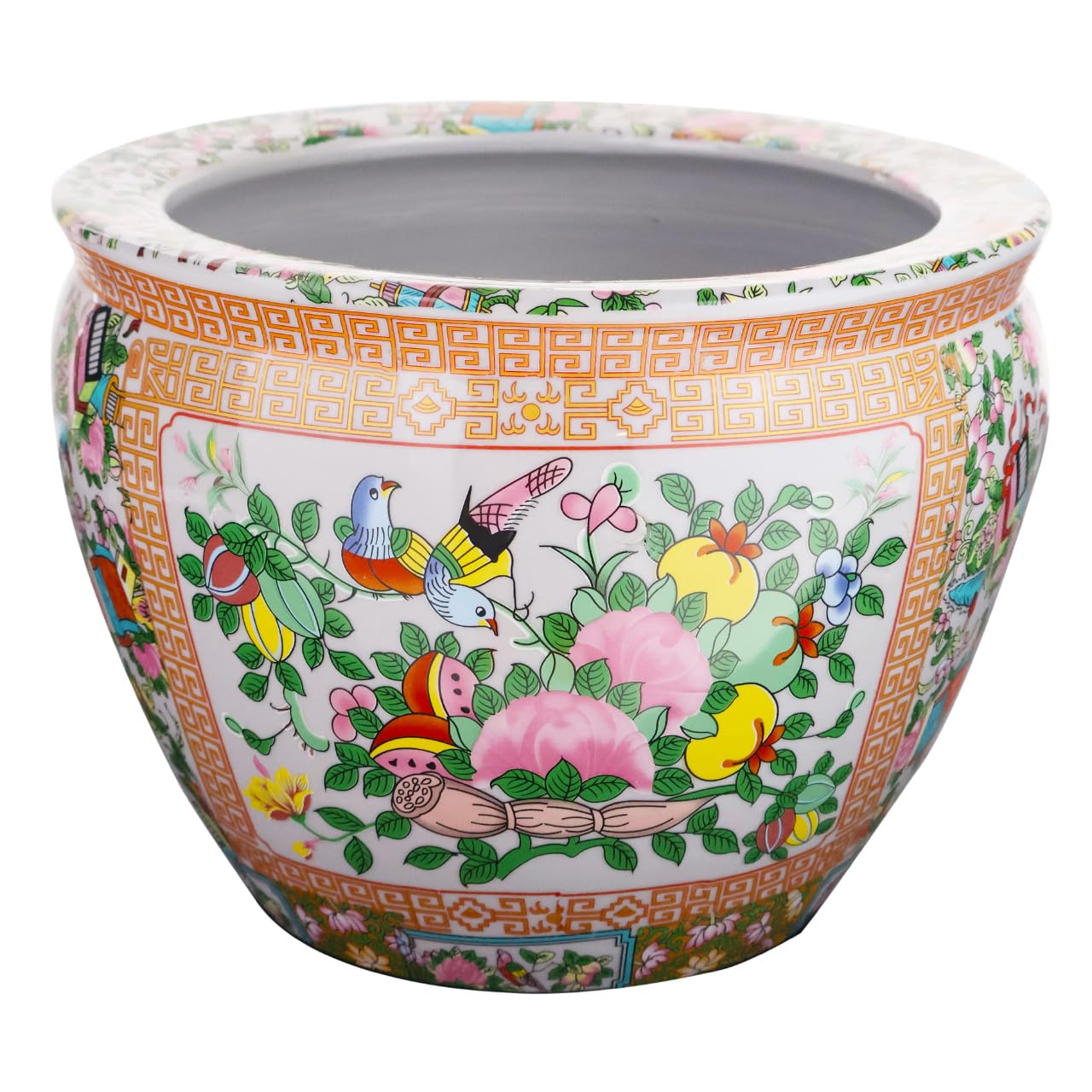 10 Inch Floral Asian Design Cachepot Planter with Rose Medallion Painting - Elegant Flower Pot for Home Decor, Garden, and Office
