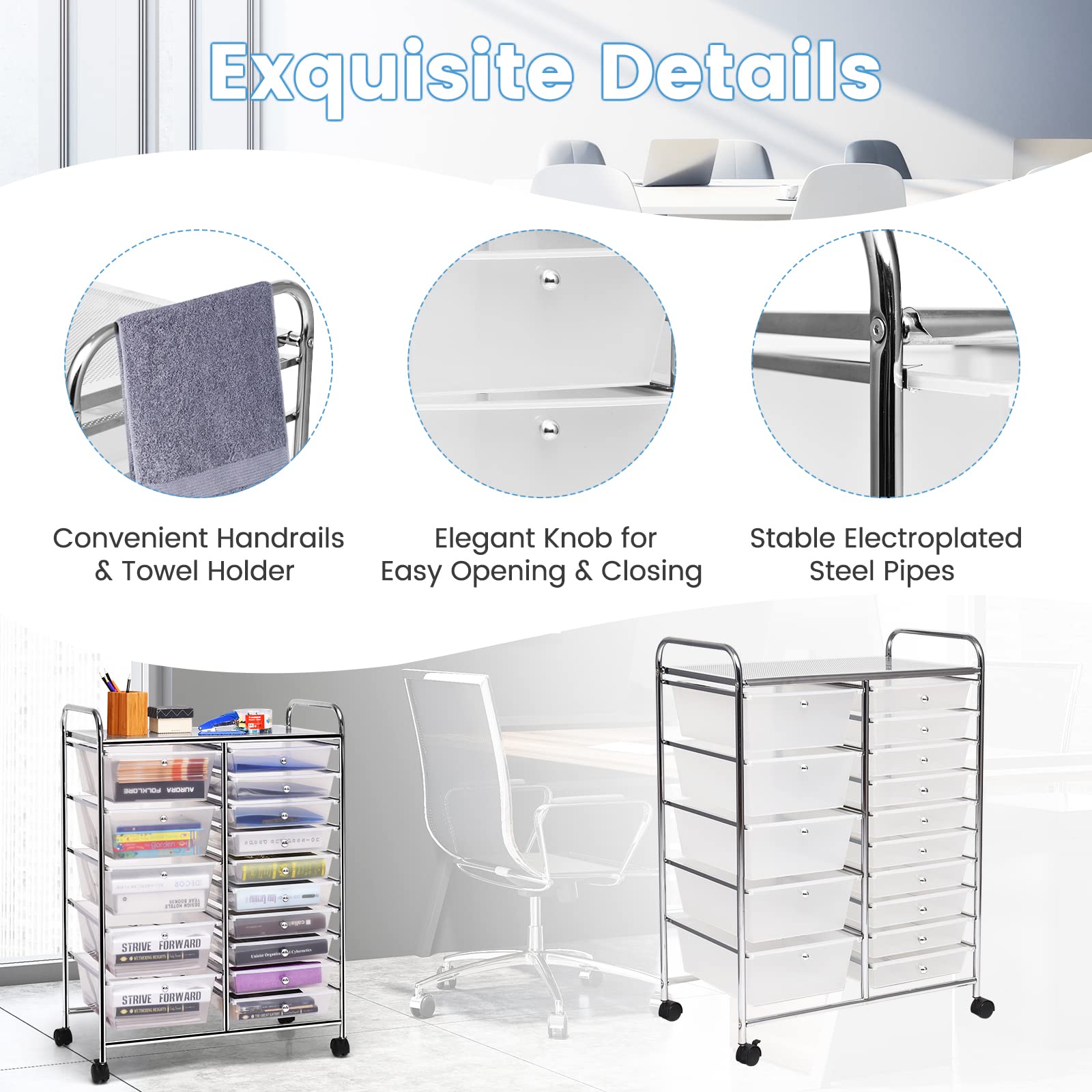 15-Drawer Storage Cart Organizer - Rolling Trolley for Office & School (Clear) - Perfect for Files & Supplies