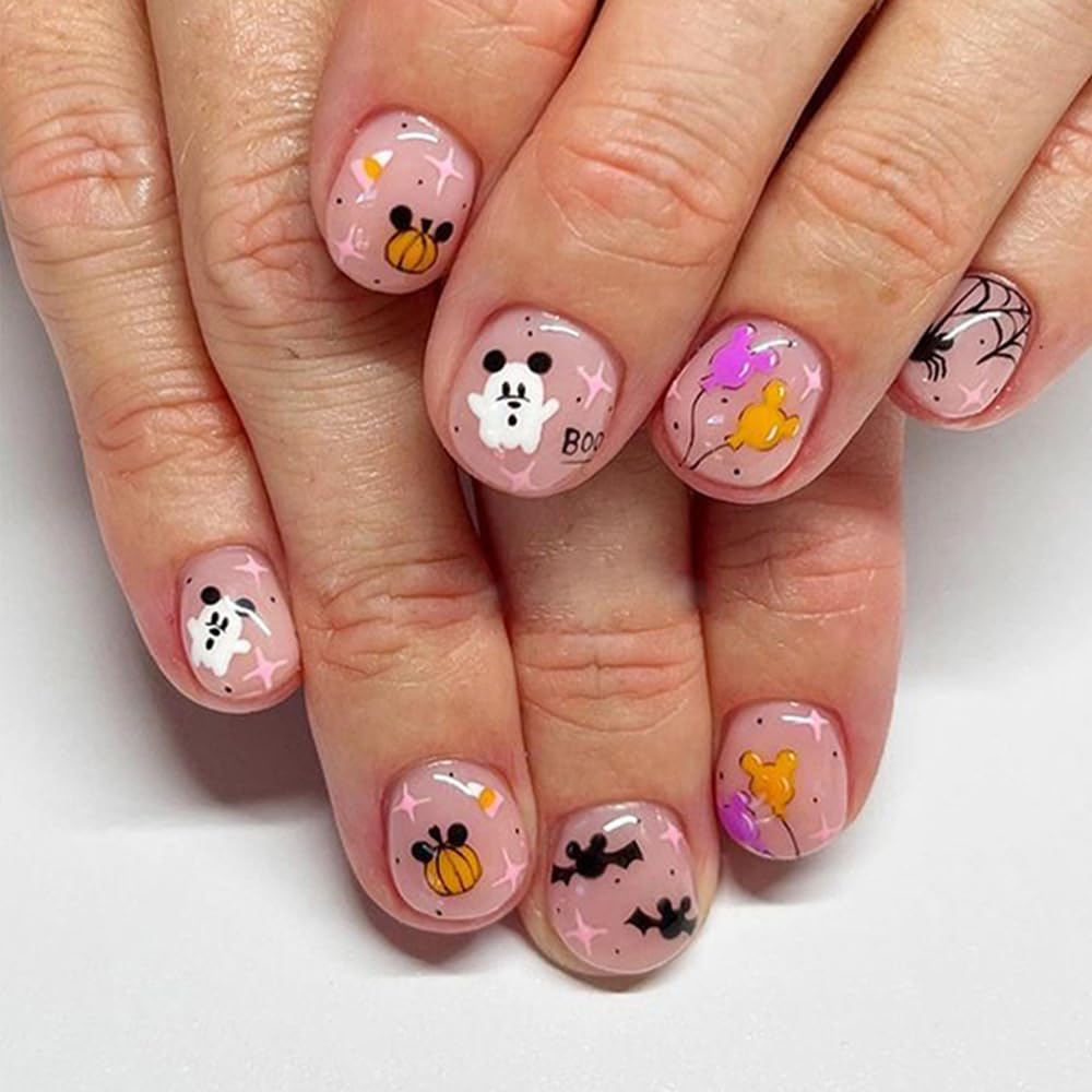 24Pcs Halloween Press on Nails - Short Ghost Pumpkin Fake Nails with Balloon Bat Design, Square Glossy Full Cover Nail Tips with Glue - Acrylic Nail Kits for Women and Girls - Perfect for Halloween Parties, Costume Events and Spooky Nail Art
