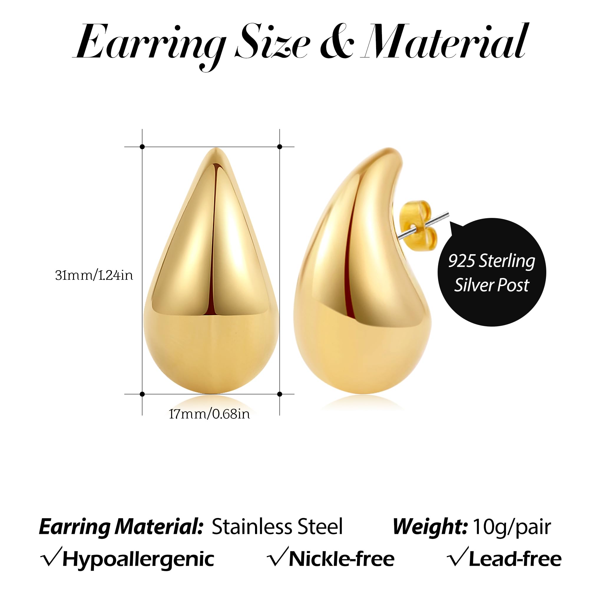 SLOONG Chunky Gold Teardrop Dangle Earrings for Women - 18K Gold Plated Lightweight Hypoallergenic Jewelry with 925 Sterling Silver Earring Needles | Perfect for Parties, Weddings & Everyday Wear