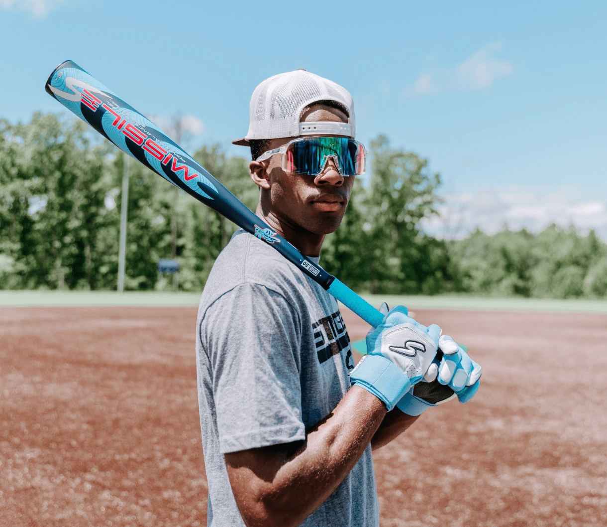 Columbia Blue/White & Graphite Baseball Batting Gloves - Winder Series for Training & Games - Perfect for Baseball Practice, Hitting Drills & League Play