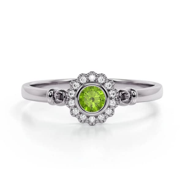 Natural Peridot Engagement Ring for Women - Vintage Rose Gold Vermeil & Art Deco Statement Silver Ring with Leaf Design - Unique Gemstone Jewelry for Anniversary Gifts, Wedding & Special Occasions