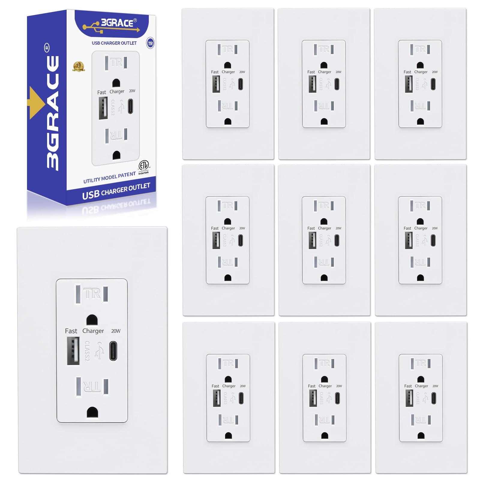 4.2A USB C Wall Outlet with Tamper-Resistant Duplex Receptacle - 10 Pack White ETL-Listed Electrical Outlets for Home & Office Charging | Includes Wall Plates | Perfect for Bedrooms, Kitchens and Workspaces