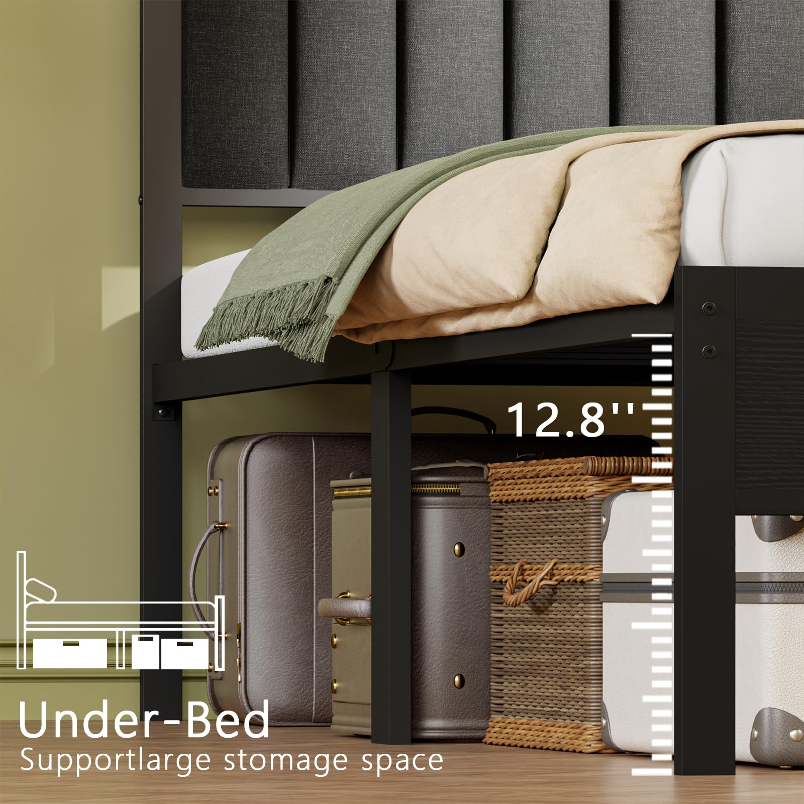 Full Size Bed Frame with USB Charging Station & LED Lights, Sturdy Metal Slats Platform Bed - Gray Upholstered Headboard with 2-Tier Storage Shelves, No Box Spring Required | Perfect for Small Bedrooms, Guest Rooms & Modern Apartments